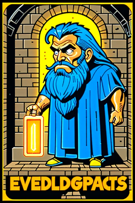 <lora:EverlyHeightsAnthologySD15:1> DOS Blocks : A pixel-art poster of a wizard with a long blue beard holding a glowing block of light, set against a retro, DOS-style dungeon backdrop. The text "DOS Blocks" is in bold, blocky yellow font, evoking the charm of early PC gaming aesthetics.