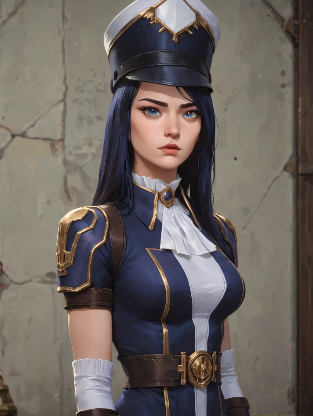 1girl, caitlyn (league of legends), arcane, (official arcane), (league of legends), dark blue hair, vigilant uniform, uniform hat, <lora:CaitlynPonyV1:0.6>
looking at viewer, arms on side, waist up shot,