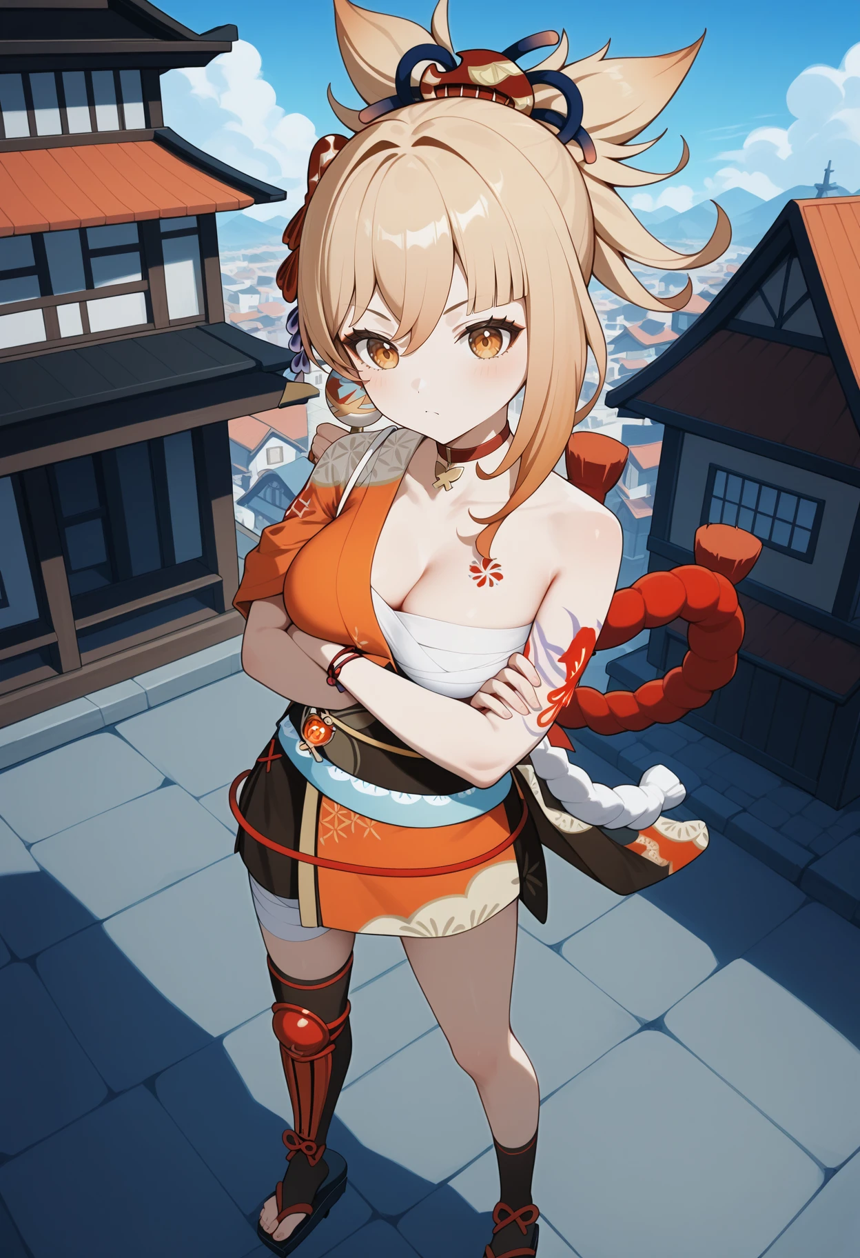 score_9, score_8_up, score_7_up, score_6_up, score_5_up, score_4_up, source_anime, aayoimiya, blonde hair, ponytail, hair ornament, orange eyes, breasts, tattoo, red choker, single bare shoulder, orange kimono, bandaged chest, bandaged arm, bracelet, single glove, fingerless gloves, black gloves, obi, rope, leg armor, single thighhigh, <lora:yoimiya_(genshin_impact)_ponyxl_v1:0.9>, standing, from above, town, rooftop, white footwear, sandals, black socks, crossed arms,