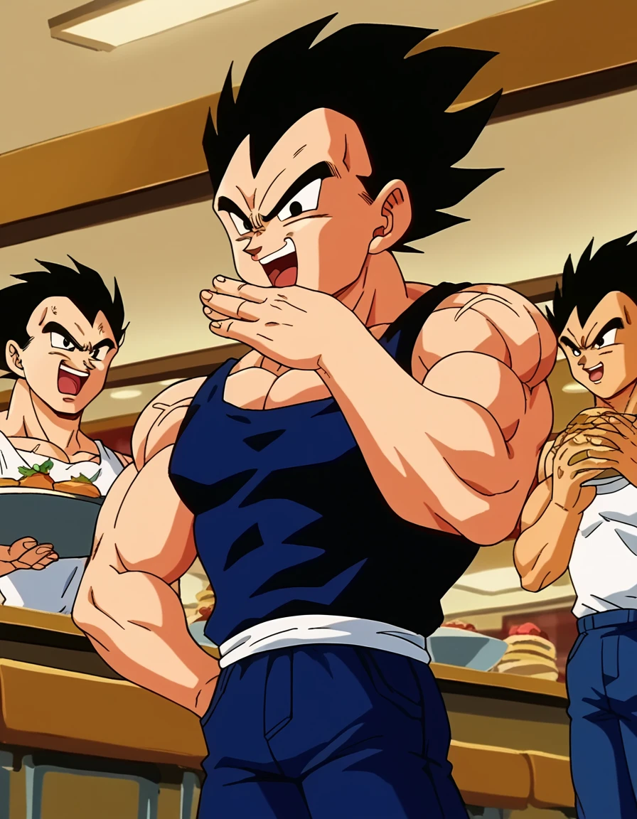 score_9, score_8_up, score_7_up, source_anime, <lora:vegeta-anime-ponyxl-lora-nochekaiser:1>, vegeta, black hair, male focus, black eyes, muscular, muscular male, spiked hair, retro artstyle, anime screencap, tank top, pants,, cafeteria, tables, food trays, chairs, line, , <lora:ojou-sama-pose-ponyxl-lora-nochekaiser:1>, ojou-sama pose, laughing, smug, hand to own mouth, open mouth,, looking at viewer, solo,, dutch angle, cowboy shot
