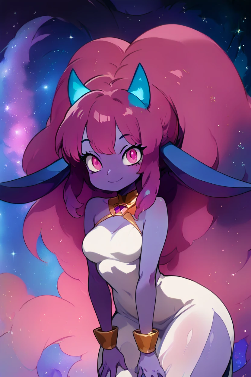 masterpiece, best quality, solo, curvy, beautiful eyes,,<lora:DaedreamCitronOCIXL:1.0>, zzDaedreamCitronOC, zzDaedream, long floating hair, big hair, purple skin, 1girl, blue horns, glowing pink hair, starry sky, glowing, pink eyes, gradient hair, purple hair, starry hair, animal ears, long ears, white dress, , cowboy shot, leaning forward, smile, looking at viewer, shiny skin,<lora:HaradaTakehitoIXL_v3:1.3>, <lora:ZankuroIXLLight_v2:0.6>,