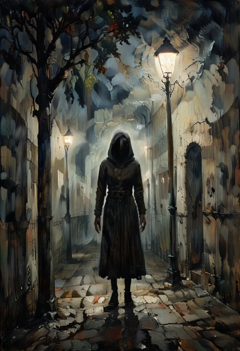 A shadowy figure standing under a single flickering streetlight, Horror and Mystery,in memadukan_painter art style, <lora:Memadukan_Brush_Strokes_of_Fineart_SDXL:1.0>, memadukan_painter, Brush Strokes, Impasto