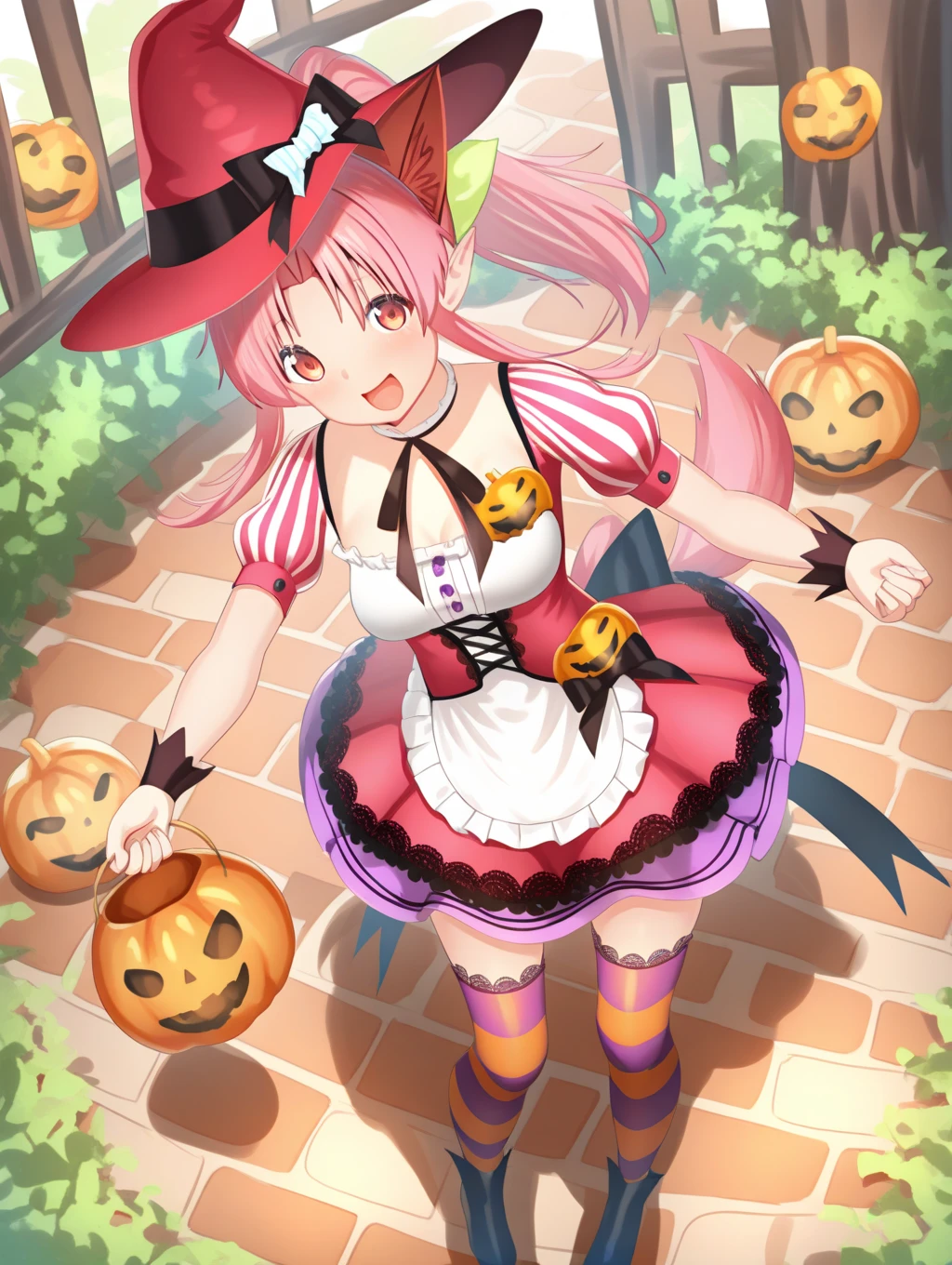 perfect quality,best quality,absolutely eye-catching,ambient occlusion,raytracing,
1girl,<lora:miriy harowinn IL v1:1>,harowinn,pink hair,ponytail,wolf ears,tail,puffy short sleeves,dress,witch hat,lace trim,striped thighhighs,halloween,from above,