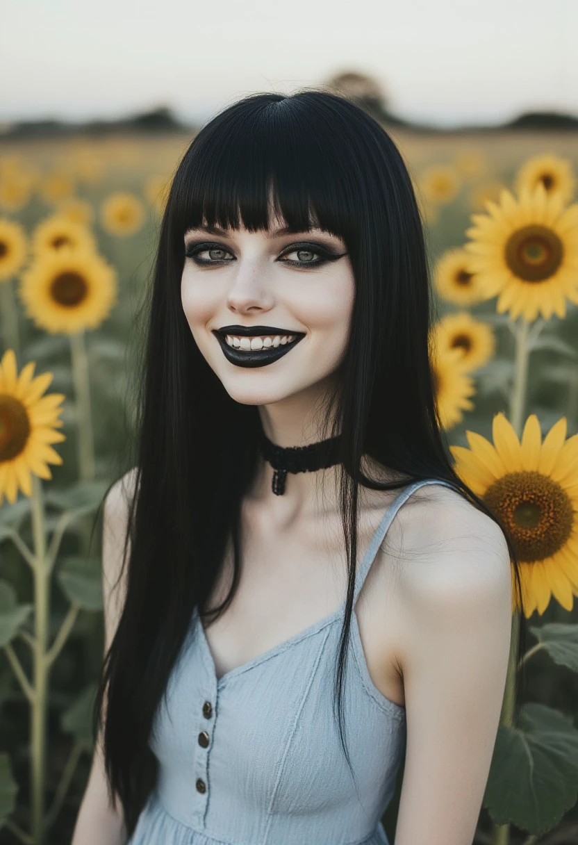 FictionalCrystal, a goth girl with heavy black eye makeup and black lipstick. In a cute pastel blue sundress in a field of sunflowers, happy