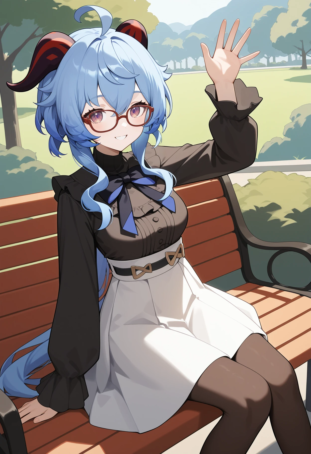 score_9, score_8_up, score_7_up, score_6_up, score_5_up, score_4_up, source_anime, aaganyu, long hair, blue hair, horns, ahoge, purple eyes, glasses, red-framed eyewear, medium breasts, turtleneck, black bowtie, frills, black shirt, long sleeves, shirt tucked in, belt, high-waist skirt, white skirt, black pantyhose, <lora:ganyu_(genshin_impact)_ponyxl_v1:0.9>, sitting, waving, smile, bench, park,