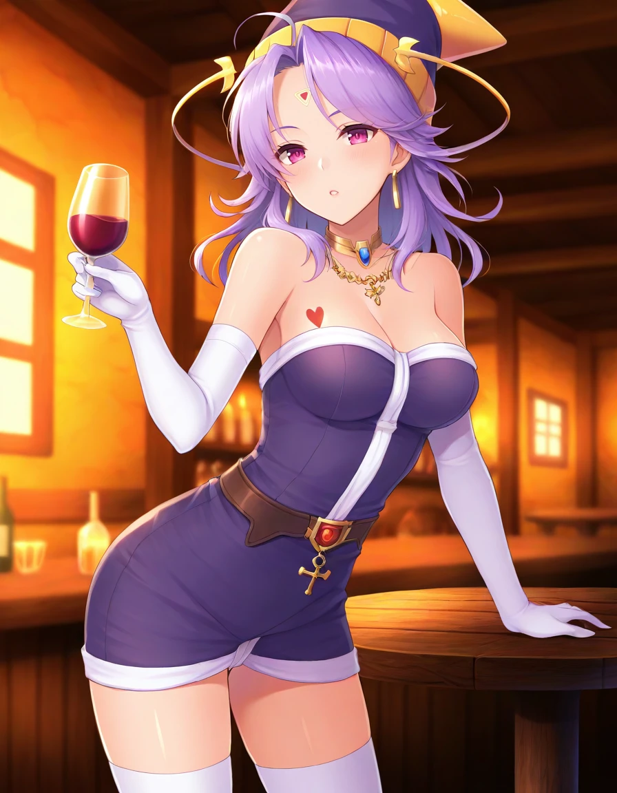 <lora:so2celine_SDXL_Illustrious01_fp16_ver01:1>,so2celine, 1girl,solo,thighhighs, jewelry, gloves, elbow gloves, pointy hat,purple hair, purple eyes,forehead mark,tattoo,earrings,thighhighs,bare shoulders, tavern,  ,cowboy shot, table, wine glass,, masterpiece, best quality, very aesthetic, absurdres,<lora:detailed_hands:1>,hand