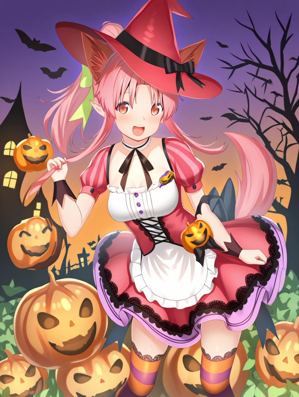 perfect quality,best quality,absolutely eye-catching,ambient occlusion,raytracing,
1girl,<lora:miriy harowinn IL v1:1>,harowinn,pink hair,ponytail,wolf ears,tail,puffy short sleeves,dress,witch hat,lace trim,striped thighhighs,halloween,