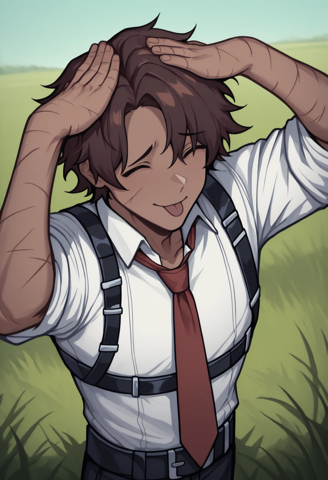 anime, masterpiece, best quality, AhEtoBlehMeme, closed eyes, tongue out, :p, hands on own head, smile, male focus, solo, 1boy, htclf, dark-skinned male, scar on face, scar on cheek, scar on arm, scar on hand, short hair, brown hair, purple eyes, white shirt, collared shirt, chest harness, red necktie, sleeves rolled up, black pants, black belt, outdoors, day, grass
<segment:yolo-Anzhc Face seg 640 v2 y8n.pt,0.4,0.5//cid=1>