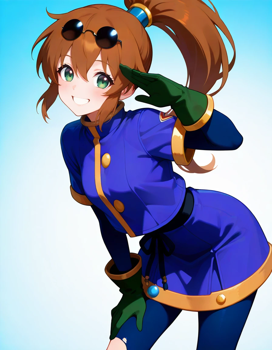 <lora:so2precis_SDXL_Illustrious_fp16_ver01:1>,so2precis,brown hair,  ponytail,blue dress,skirt,pantyhose,green eyes, gloves,eyewear on head,torn pantyhose,newest, <lora:HairintakesEraser_v01_illustrious_10steps:2>,smile, masterpiece, best quality, very aesthetic, absurdres,<lora:detailed_hands:1>,hand