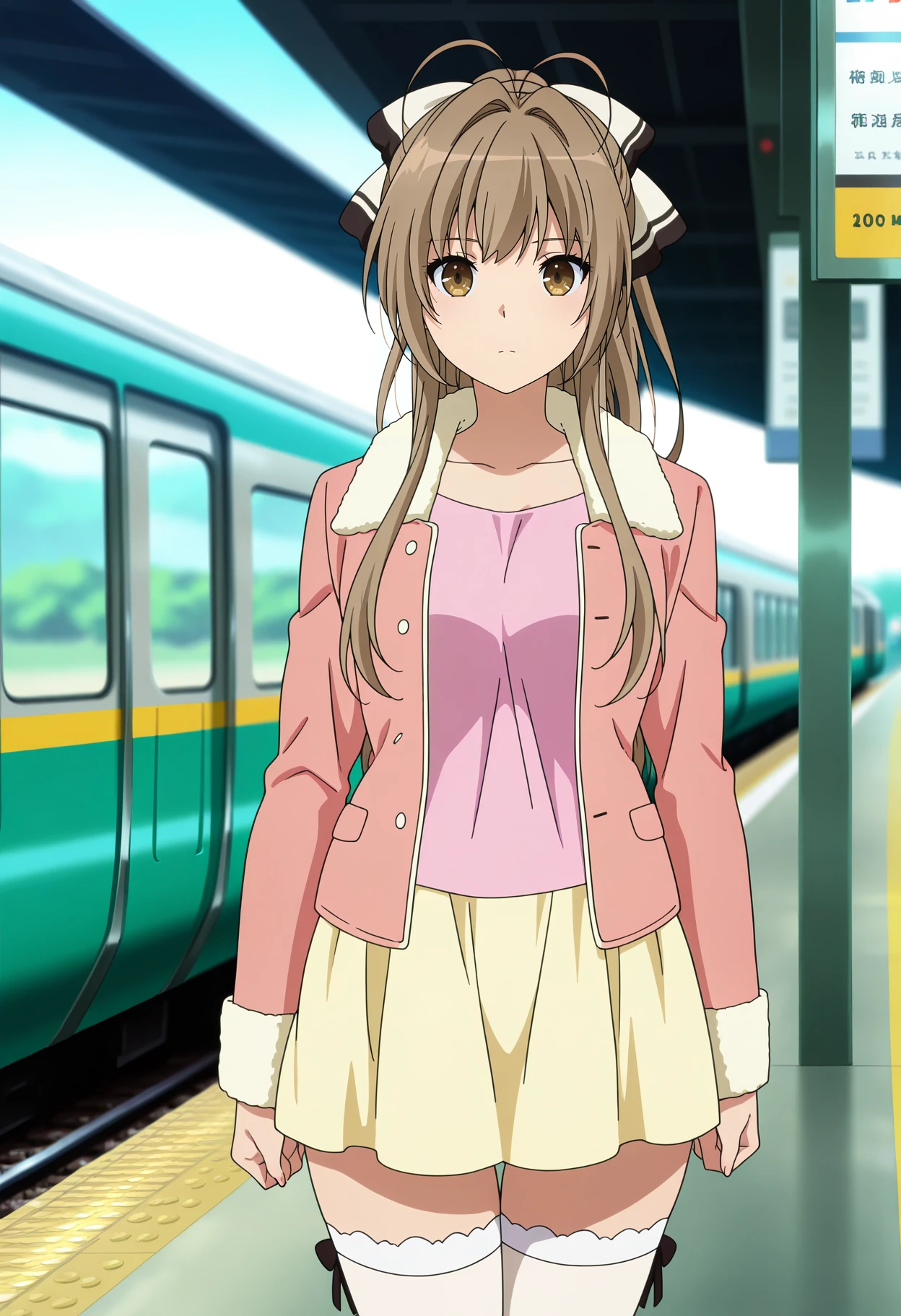 anime screencap, masterpiece, best quality,
<lora:AmagiBrilliantPark_SentoIsuzu_IlluXL:0.9>,
1girl, solo, closed mouth,
long hair, ponytail, brown hair, antenna hair, hair intakes, brown eyes, hair bow,
SentoCasual, open jacket, pink jacket, fur trim, pink shirt, long sleeves, yellow skirt, white thighhighs,
standing, looking at viewer, cowboy shot, thigh gap,
blurry background, outdoors, train station, day