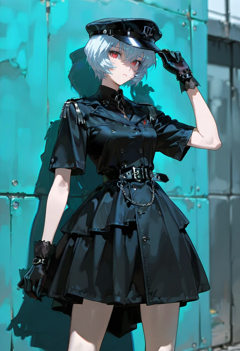 1girl,solo,looking at viewer, echo (circa), black dress, hat, black gloves, short sleeves, belt, ayanami_rei