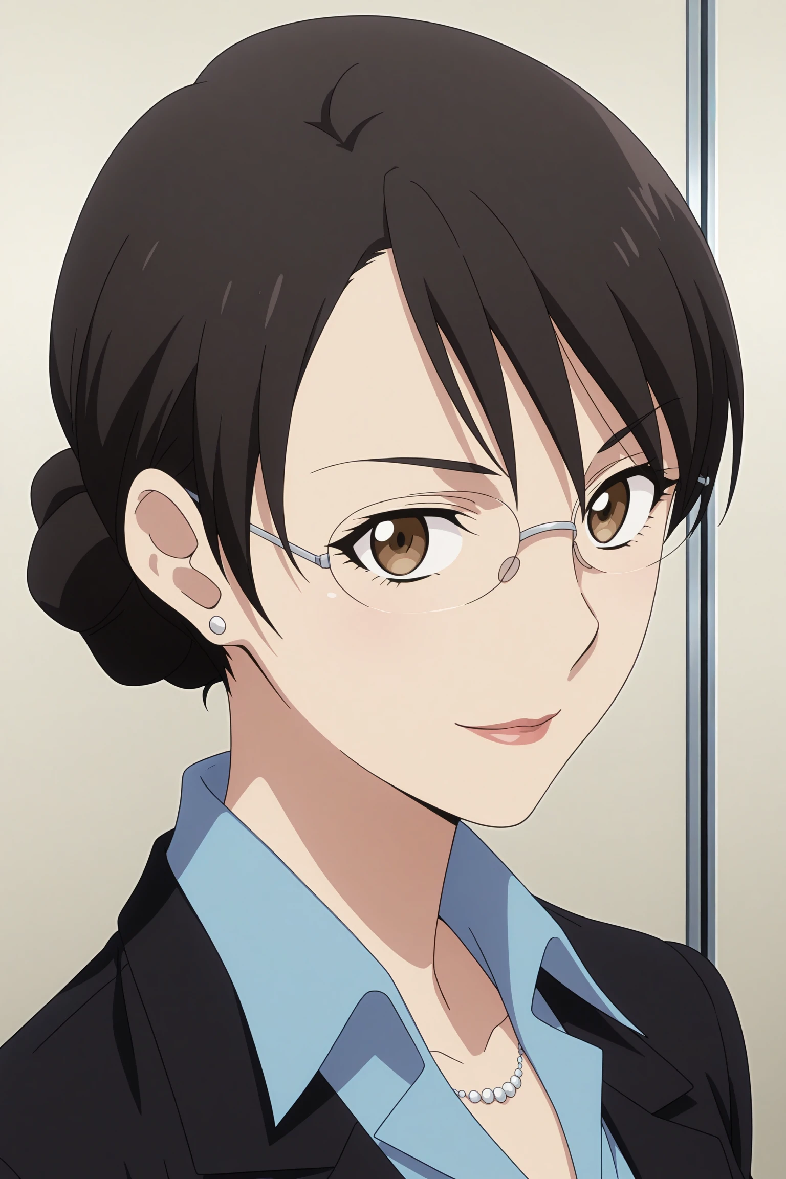 masterpiece, best quality, amazing quality, highres, absurdres, very aesthetic, high resolution, ultra detailed, perfect details, 1girl, solo, indoors, kikuchihara aki, black hair, short hair, hair bun, swept bangs, brown eyes, rimless eyewear, stud earrings, necklace, pant suit, black jacket, blue shirt, collared shirt, necklace, black pants, black footwear, high heels, <lora:Aki_Kikuchihara_ILXL:0.8>, (aged up:1.4), looking at viewer, (portrait:1.4), smile, (pose:1.1), anime screencap