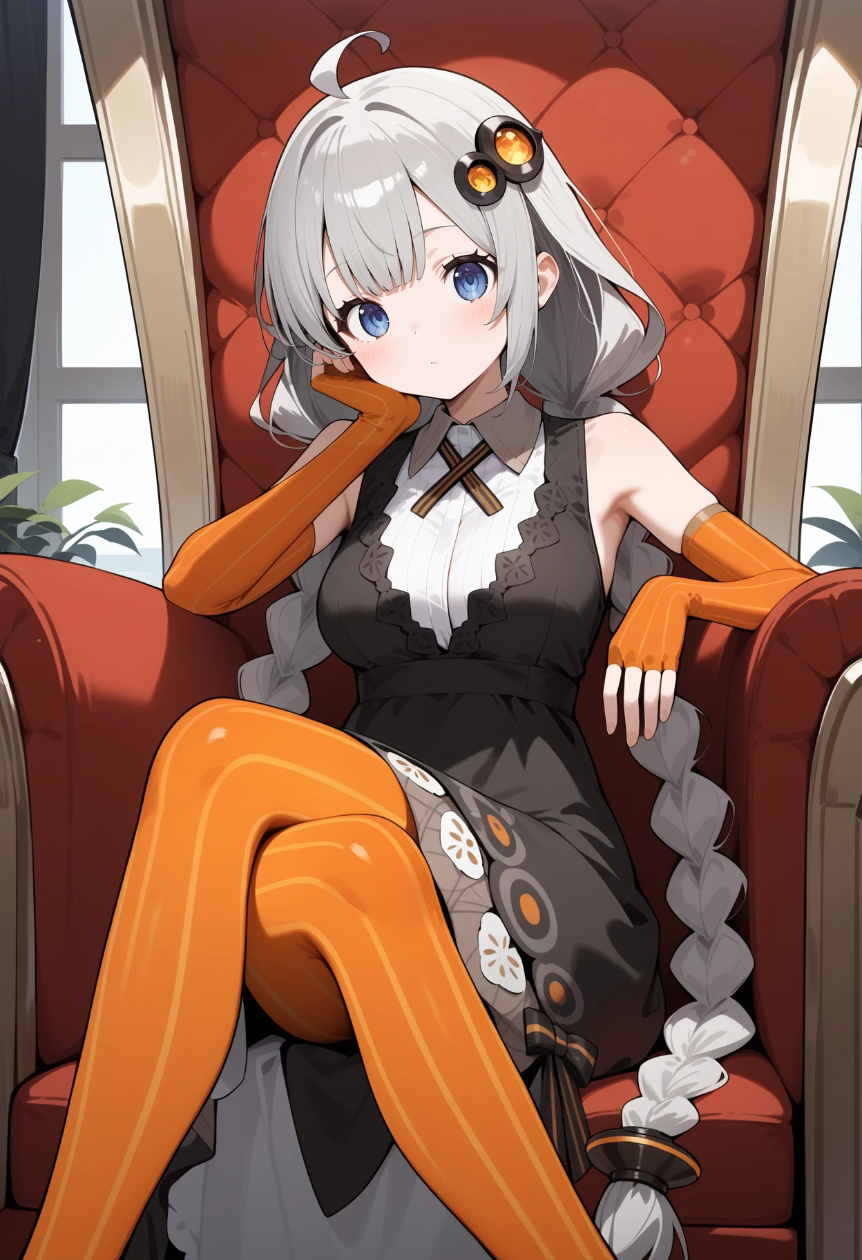 score_9, score_8_up, score_7_up, score_6_up, score_5_up, score_4_up, source_anime, aaakari, long hair, grey hair, twin braids, ahoge, hair ornament, blue eyes, breasts, white shirt, black dress, sleeveless, elbow gloves, fingerless gloves, orange gloves, striped pantyhose, orange pantyhose, <lora:kizuna_akari_ponyxl_v1:0.9>, sitting, throne, crossed legs, indoors, head rest,