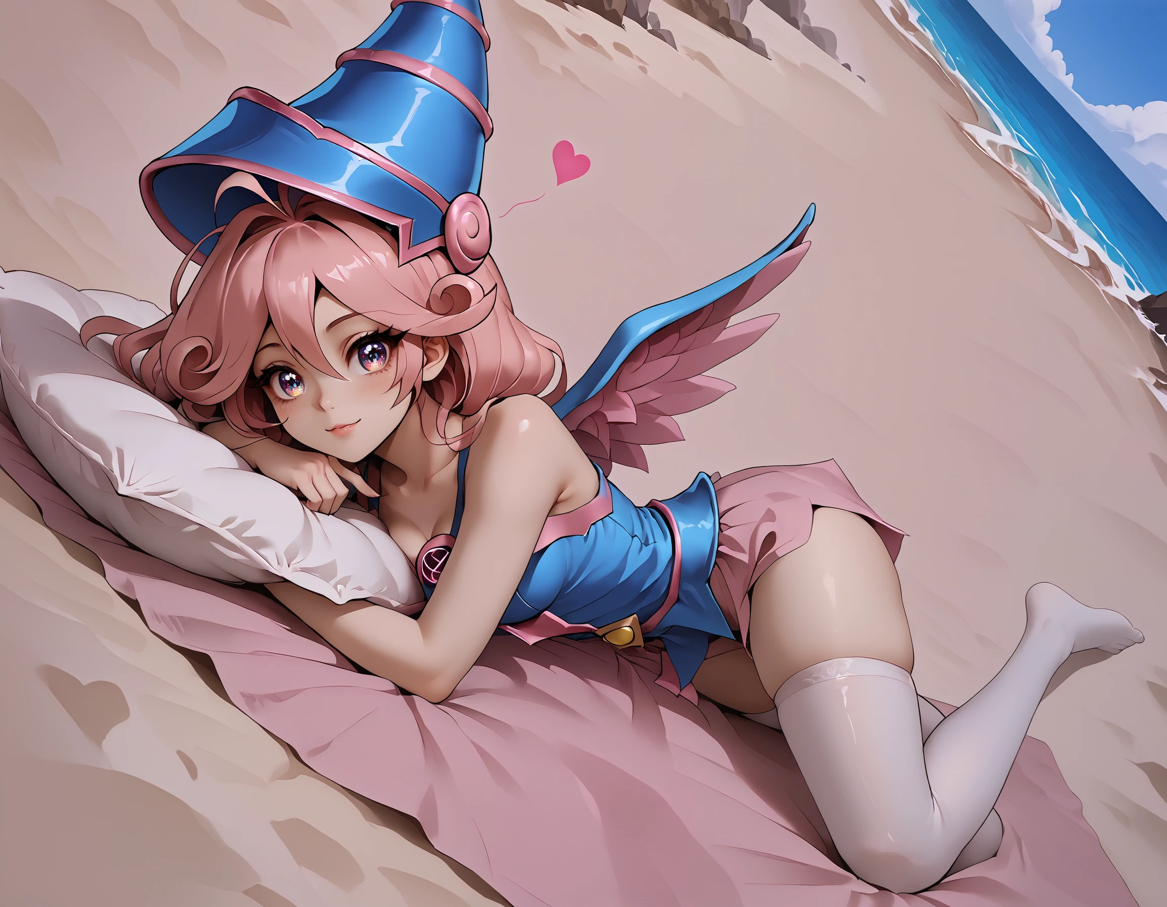 masterpiece, best quality, newest, absurdres, highres, 
injection_fairy_lily, 1girl, heart_eyes,
pillow, white thighhighs, cosplay, beach, pink eyes, lying, twintails, dark_magician_girl_\(cosplay\), sleeveless