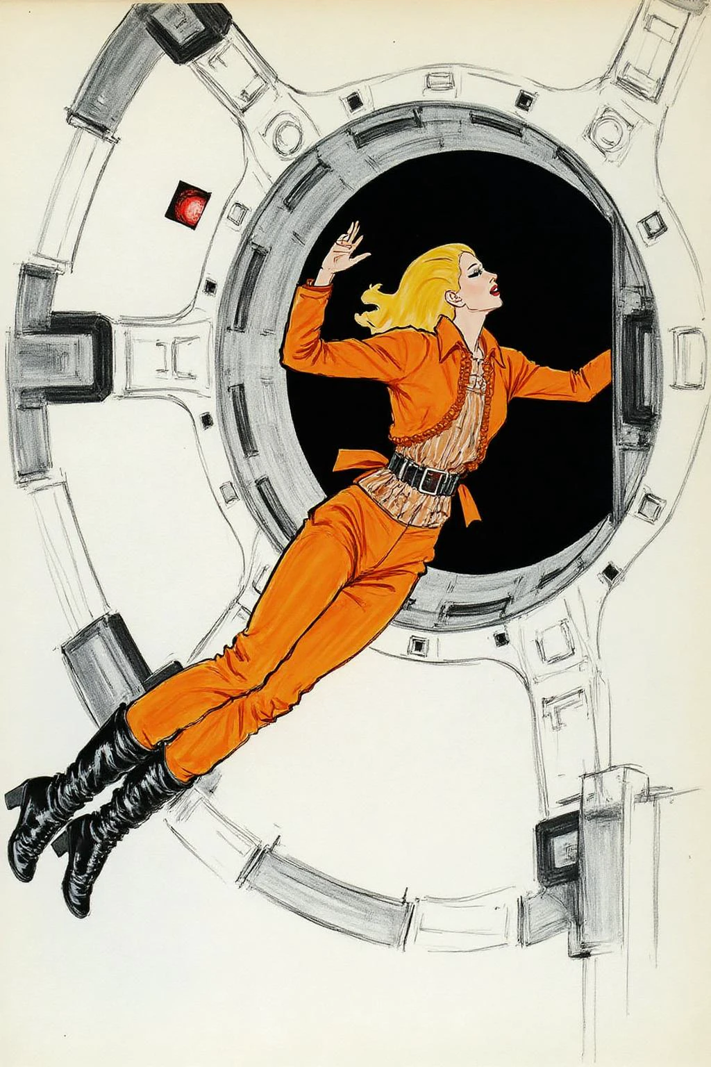 regr1 sketch Overhead sideview of a blonde woman dressed in a orange spacesuit and heavy boots, is carefully re-enacting the iconic scene from 2001: A Space Odyssey where David Bowman deactivates HAL 9000. Floating weightless on one side of a vast empty spacecraft, she methodically removes the components of the HAL 9000 interface, one piece at a time. The setting is tense and sterile, with bright lighting reflecting off the white sterile surfaces, capturing the eerie, unsettling atmosphere of the original scene. The red glow of HAL's eye slowly fades as the scene unfolds, highlighting the dramatic tension between human and machine  <lora:regr2_fashion_nocap_d6a3:1.0><lora:807699210528005564:0>