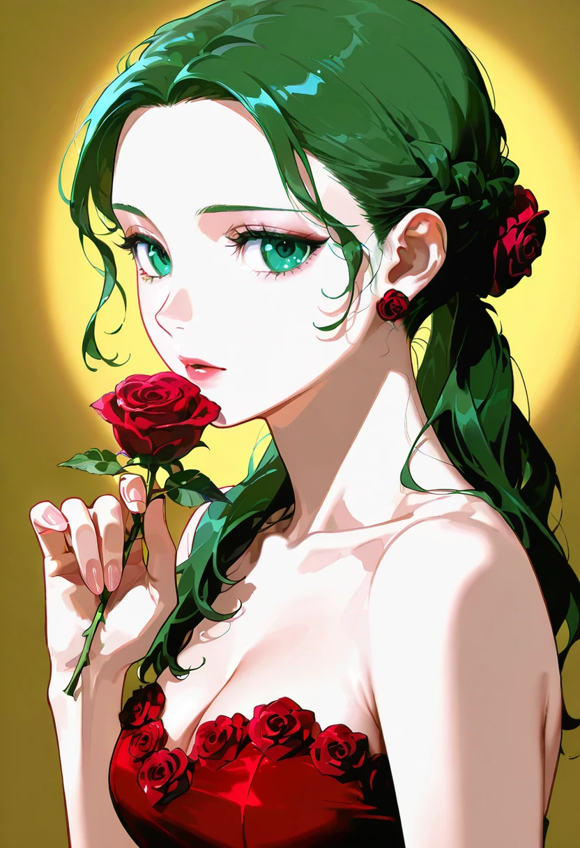 1girl,solo,looking at viewer, echo (circa), wrc dress, bare shoulders, rose, red dress, yamagishi_fuuka