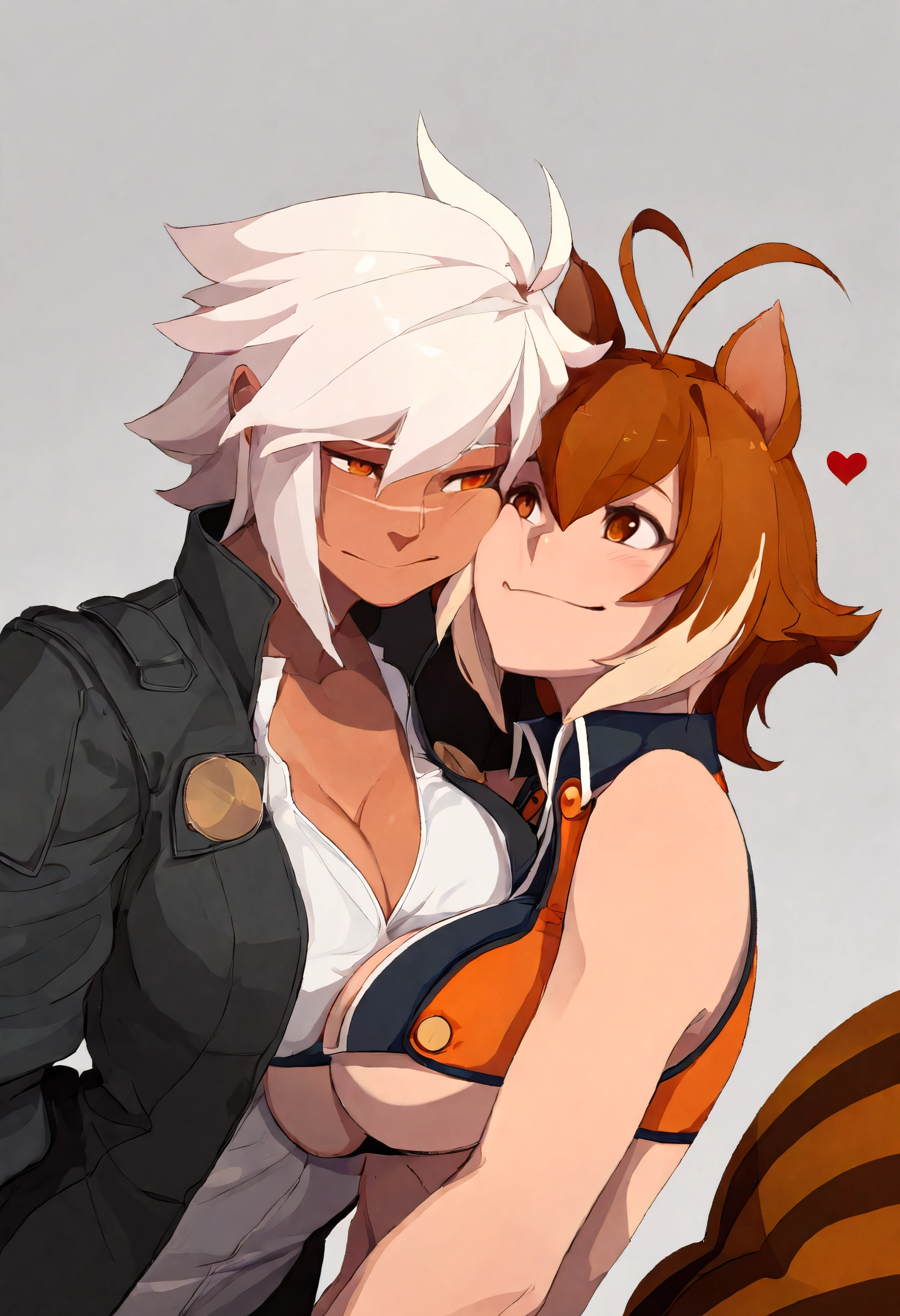 masterpiece, best quality, very aesthetic, masterpiece, best quality, very aesthetic,2girls,upper body,yuri,hugging, cheek press,hearts, happy, looking at another <lora:susho_n11:0.5>
BREAK 2girls, bltbb, large breasts, dark-skinned female, white hair, short hair, orange eyes, scar on face,toned,white shirt, cleavage, black jacket <lora:bltbb_n11:1>
BREAK 2girls, makoto nanaya,squirrel tail,blazblue,crop top,double ahoge,two-tone hair,brown eyes