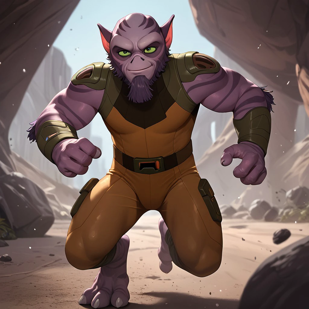 score_9, score_8_up, score_7_up, score_6_up, solo, 1boy, Zeb, rebel outfit, bara, green eyes, running,