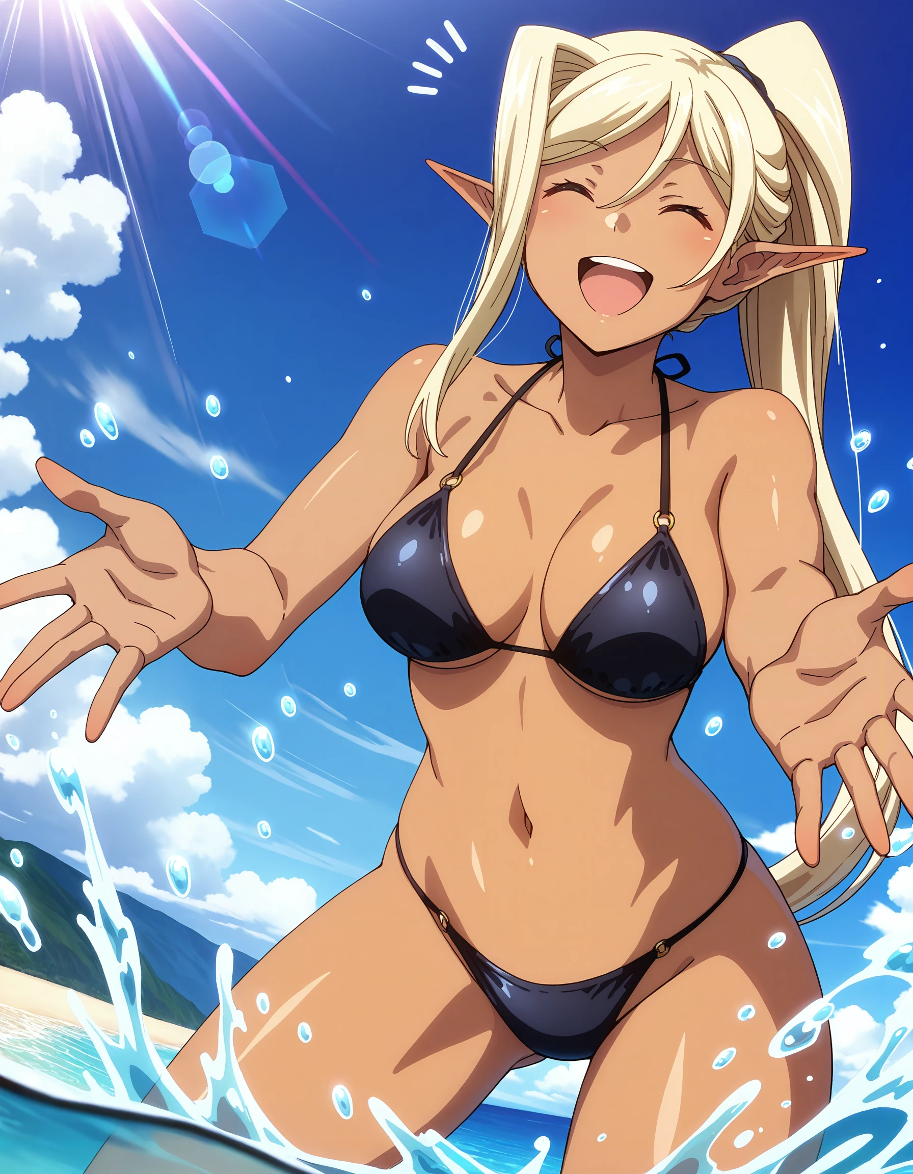 best quality, masterpiece, anime_screencap, hi res, best_quality, very aesthetic, absurdres, 8k, kcl, 1girl, solo, ponytail,
glamorous, slender, voluptuous,
large breasts,
smile,happy,open_mouth, notice_lines,　^_^, 
standing, splashing, string_bikini,, fantasy, beach, shoreline, sunshine, lens_flare, water, water_drop, island