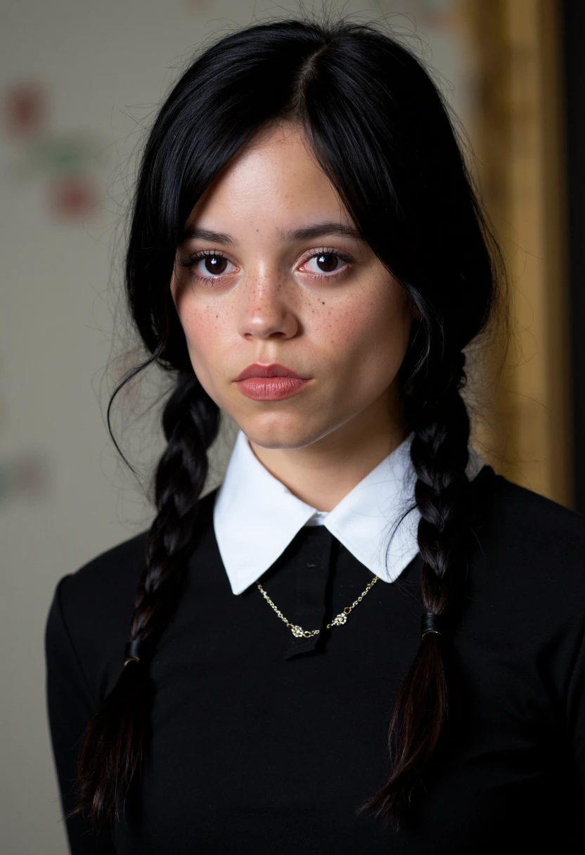 {    "T5": "A high-quality photo of Jenna Ortega, a 25-year-old woman, dressed as Wednesday Addams, with her hair styled in braids, wearing a black shirt with a white collar. The image should capture her pale skin and determined expression, conveying a sense of confidence and intensity. The medium is a high-quality digital photo, taken with a high-end DSLR camera with a 50mm lens, set to aperture priority mode with an aperture of f/2.8. The lighting is soft and dramatic, with a slight dark and moody tone, casting a shadow on Jenna's face. The setting is a dimly lit, mysterious background, with subtle hints of Gothic architecture, blending seamlessly into the overall dark and moody atmosphere. The mood is intense, mysterious, and intriguing, evoking feelings of curiosity and fascination in the viewer.",    "CLIP": "Wednesday Addams cosplay, Jenna Ortega, braided hair, black shirt, white collar, pale skin, determined look, dark background, Gothic architecture, moody lighting, intense mood" }