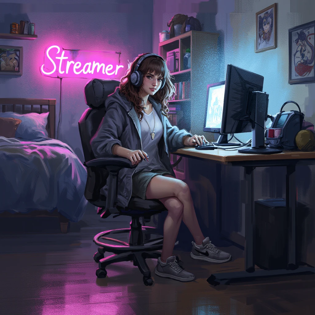 illustration in dad artstyle, a streamer woman with medium-length brown hair and headphones dressed in in an opened sweatjacket with a tshirt underneath sitting in a chair in front of a webcam and computer at a desk in a bed room with neon lights in the background that read "Streamer"