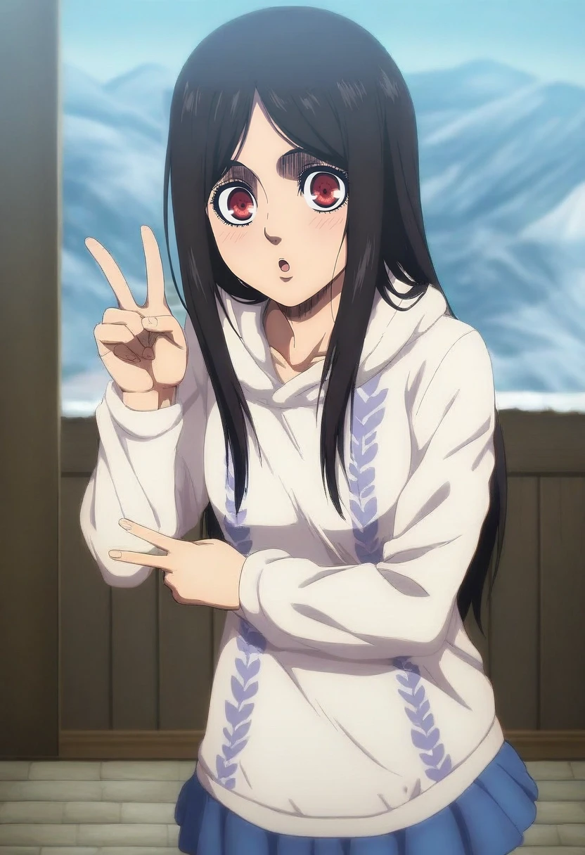 masterpiece, best quality, anime screencap, intricate details, , , 1girl, yor forger, black hair, red eyes, long hair, solo, cowboy shot, snowy field, indoors, v, peace sign, :o, <lora:shingeki_no_kyojin_s4_style_ilxl:0.84>, shingeki_no_kyojin_s4_style,