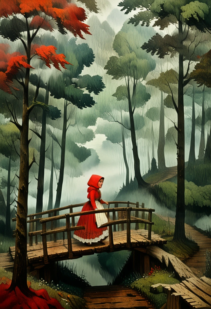 Little Red Riding Hood crossing a wooden bridge in a misty, enchanted forest, scene from Charles Perrault's classic story Little Red Riding Hood,in memadukan_painter art style, <lora:Memadukan_Brush_Strokes_of_Fineart_SDXL-000004:1.0>, memadukan_painter, Brush Strokes, Impasto