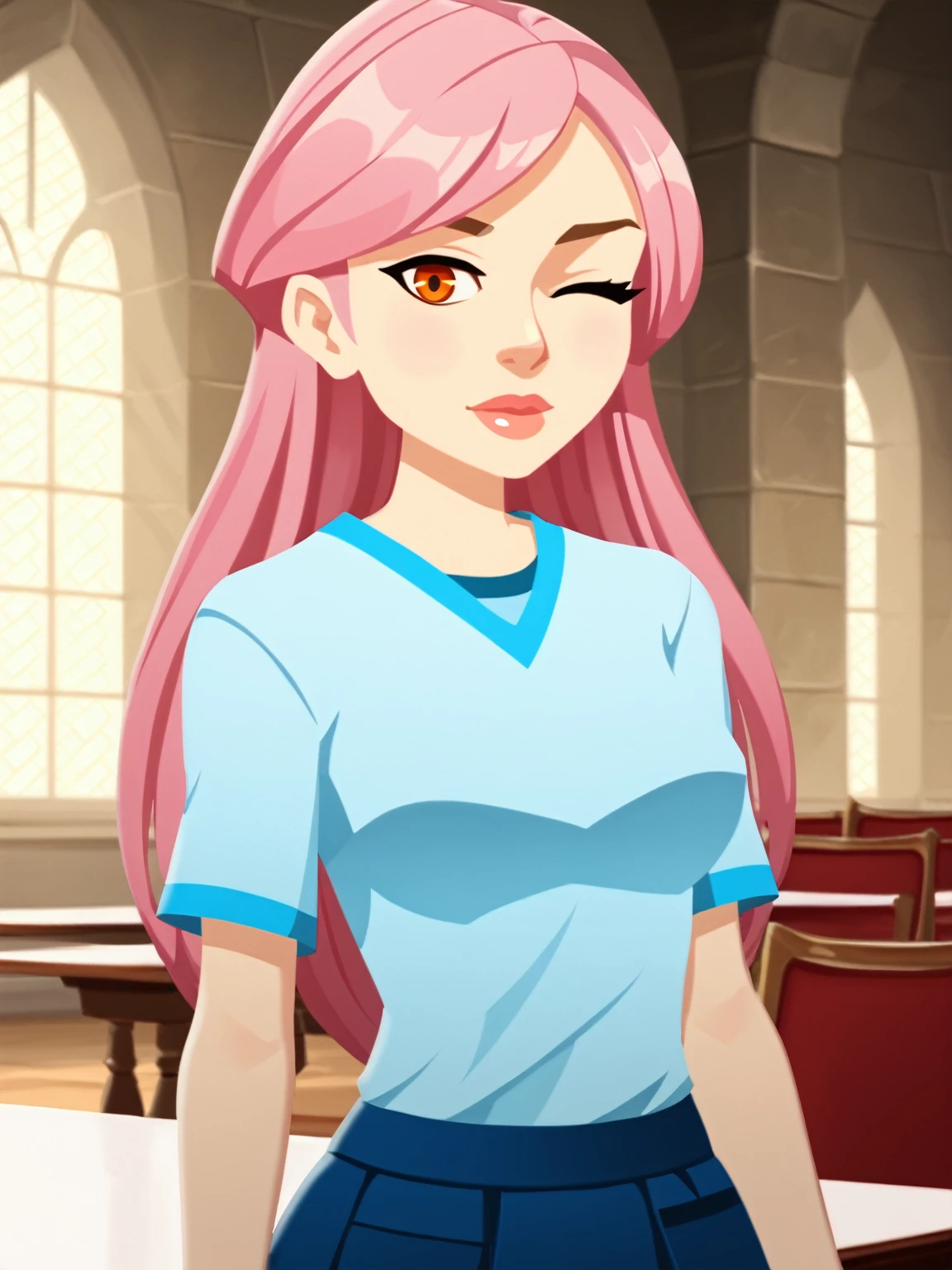 score_9, score_8_up, score_7_up, score_6_up, chaotart, chaothmn, 1girl, breasts, shirt, skirt, long hair, short hair, pink hair, orange eyes, indoors, castle, one eye closed, (portrait), detailed background, Hyperdetailed, Extreme Detail, 4K Resolution, Masterpiece, Best Quality <lora:Chaotic_Show_Artstyle_-_RealmRabbit:1.4>