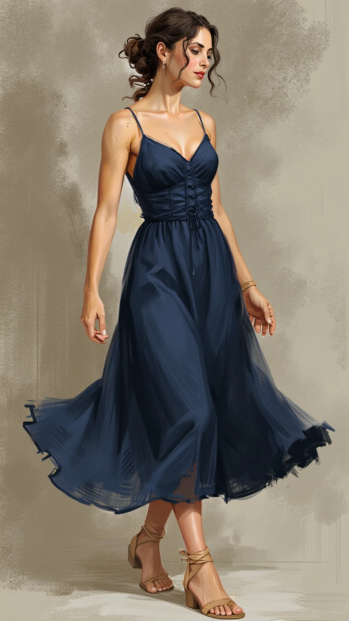 illustration in dad artstyle, A woman with detailed skin stands gracefully against a neutral background, wearing a navy blue midi dress with thin straps and a fitted bodice that flows into a gathered skirt. She pairs the dress with beige ankle-strap sandals, exuding elegance and simplicity in a timeless style.