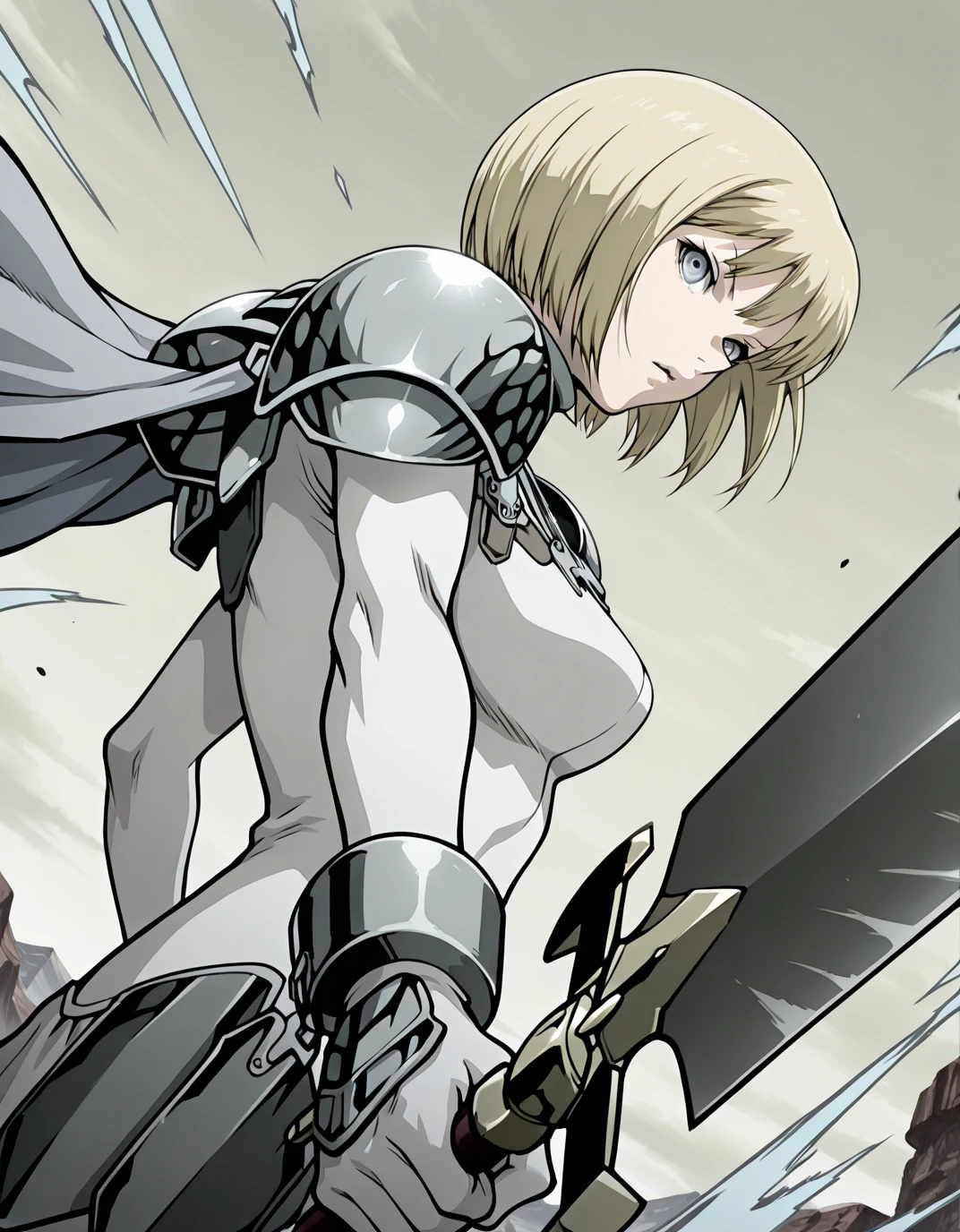 Solo, from side, Clare, Short hair, Blonde hair, Grey eyes, Blunt bangs, White bodysuit, Pauldrons, Cape, white gloves, cuffs, Lower armour, (detailed eyes), insignia, Dutch angle, holding sword, fighting, outdoors, striking towards viewer, foreshortening, epic, light blue aura, best quality, masterpiece