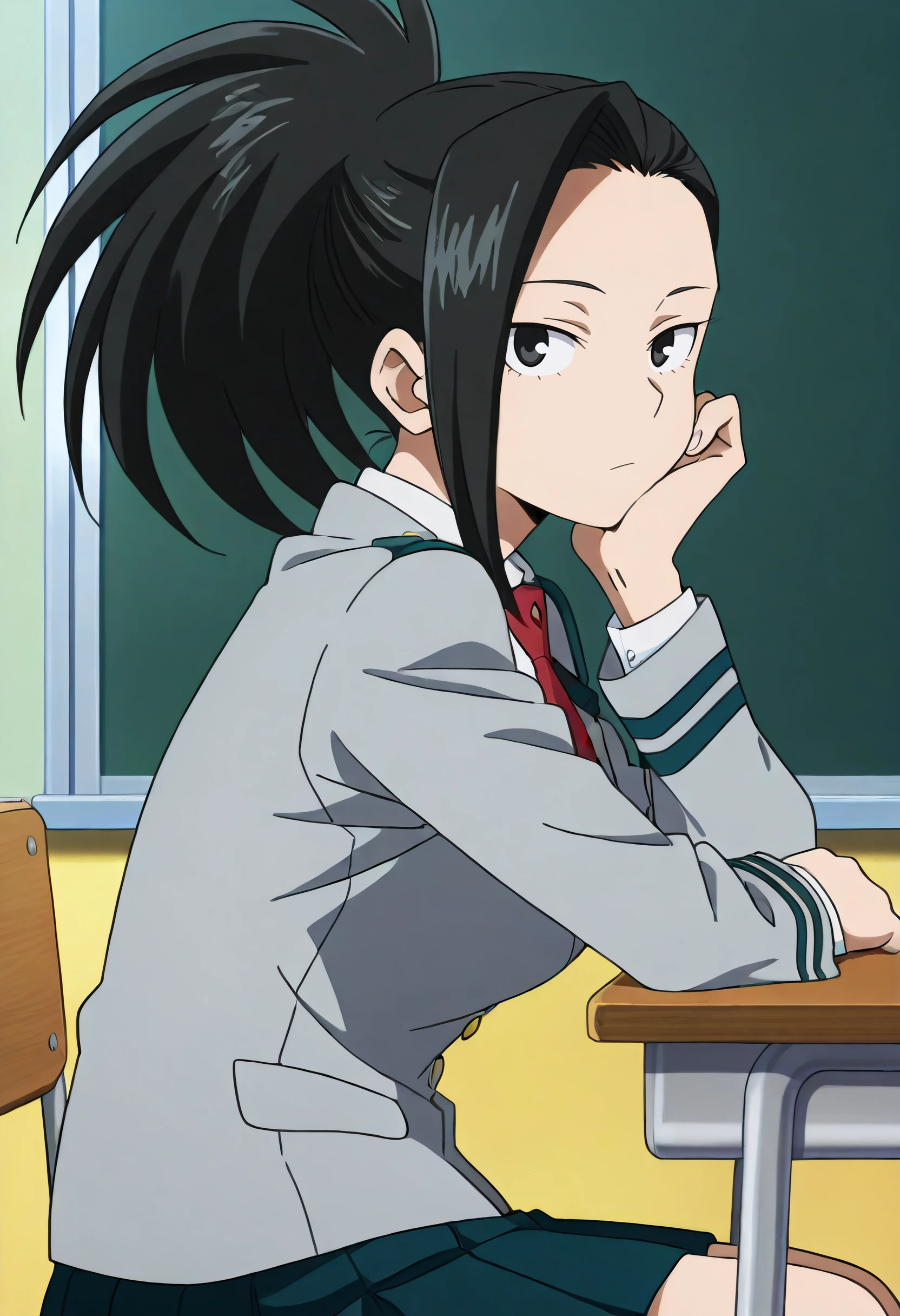 1girl, solo, m0y4, black hair, ponytail, black eyes, large breasts, classroom, sitting, u.a. school uniform, head rest, blazer, pleated skirt, red necktie, expressionless, looking at viewer, from side, anime screencap, anime coloring, masterpiece, best quality, amazing quality, <lora:Momo_Yaoyorozu-My_Hero_Academia-ilibibu-IL-v1:0.8>