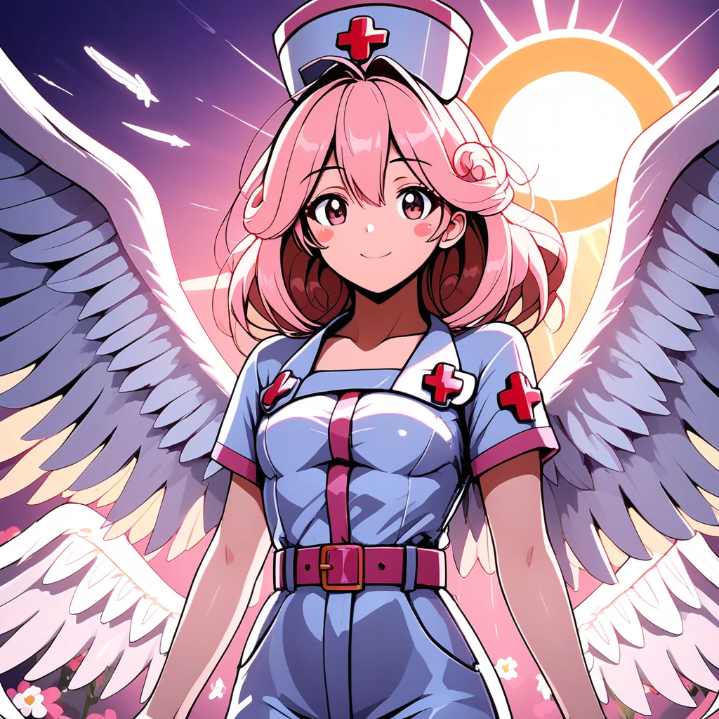 official alternate costume, belt, angel wings, blush stickers, smile, cross, solo, flower, nurse cap, looking at viewer, sun