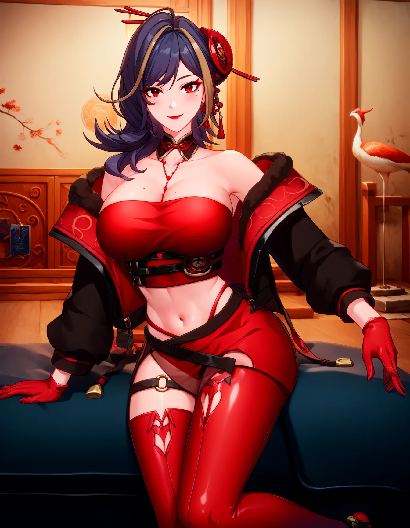 score_9, score_8_up, score_7_up, score_6_up, source_anime, Ji_Yu_ToF, Silken_Era_outfit, red eyes, mole, medium hair, bare shoulders, cleavage, large breasts, mole under eye, makeup, lipstick, midriff, navel, looking at you, blush, smile, inside a comfy room