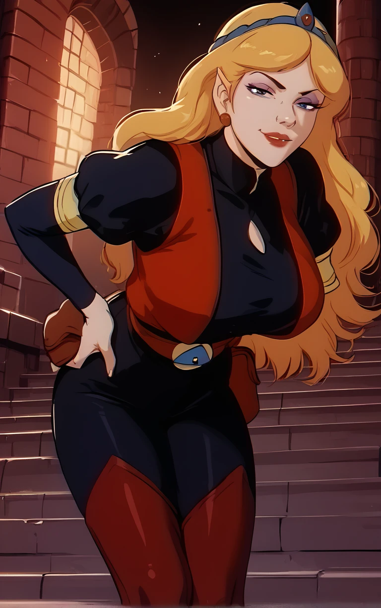 1girl, <lora:Zelda1989_-_Cartoon:0.8>, z3ld4, blue tiara, black blouse, red vest, black pants, brown thighhighs, gold arm cuffs, belt pouch, red earrings, brown belt, makeup, eyeshadow, red lips, large breasts, leaning forward, looking at viewer, sexy pose, smug, seductive, red dungeon background, stairs, red theme, <lora:PONYXL_LewisArt_ownwaifu:0.8>, score_9, score_8_up, score_7_up, score_6_up, score_5_up, score_4_up,