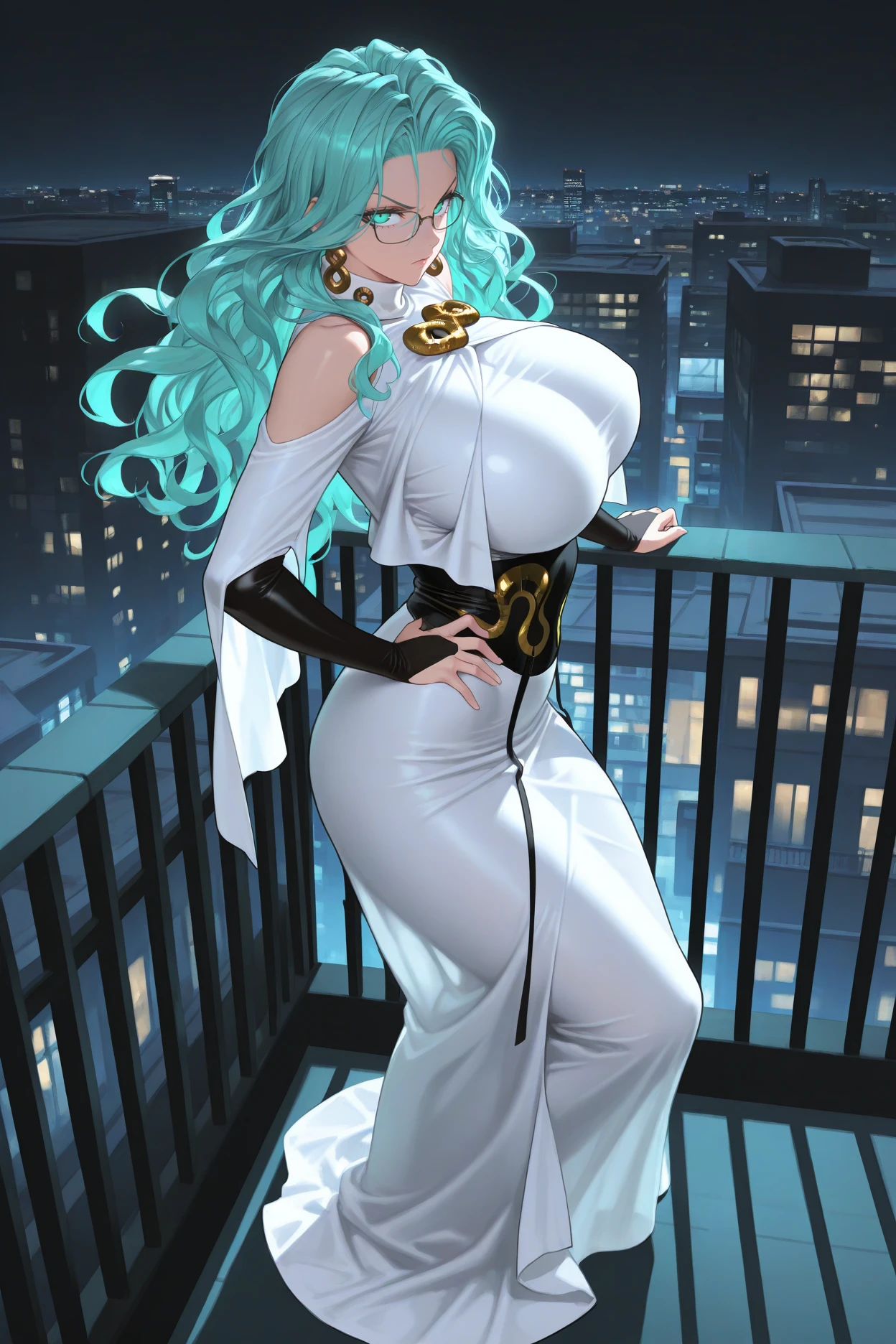 masterpiece, best quality, 1girl, solo, <lora:psykos-illu-nvwls-v1-000006:1> opmpsy, wavy hair, aqua hair, long hair, aqua eyes, huge breasts, earrings, glasses, turtleneck, white dress, shoulder cutout, bare shoulders, black underbust, gold brooch, black elbow gloves, bridal gauntlets, long dress, night, city, rooftop, full body, hand on hip, from side, looking at viewer, serious