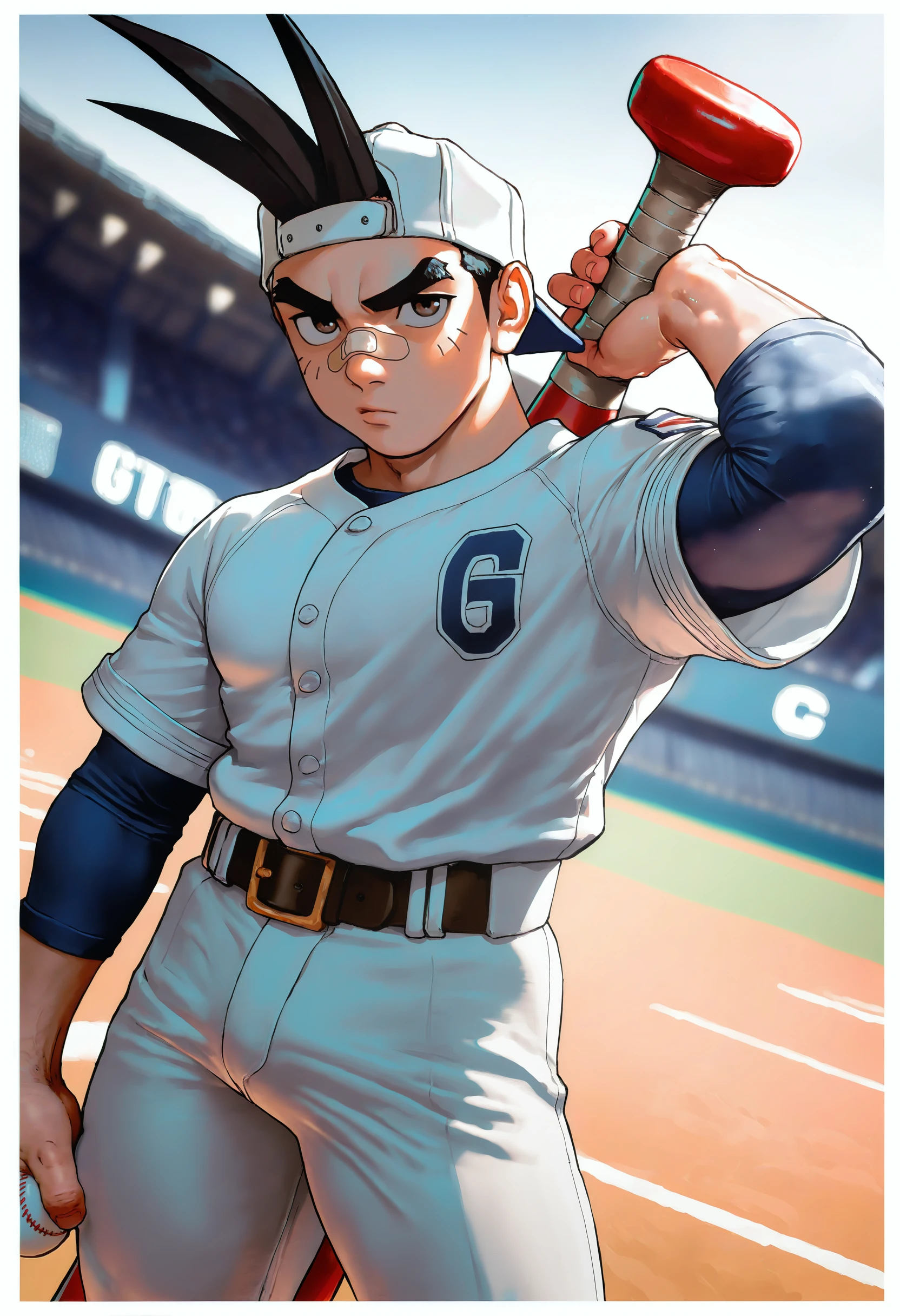 masterpiece, best quality, newest, absurdres, highres, very awa, 1boy, male, male focus, sawamura shouma, hair through headwear, backwards hat, bandaid on nose, baseball uniform, holding baseball bat, cowboy shot, dutch angle, blurry background, baseball stadium, white border