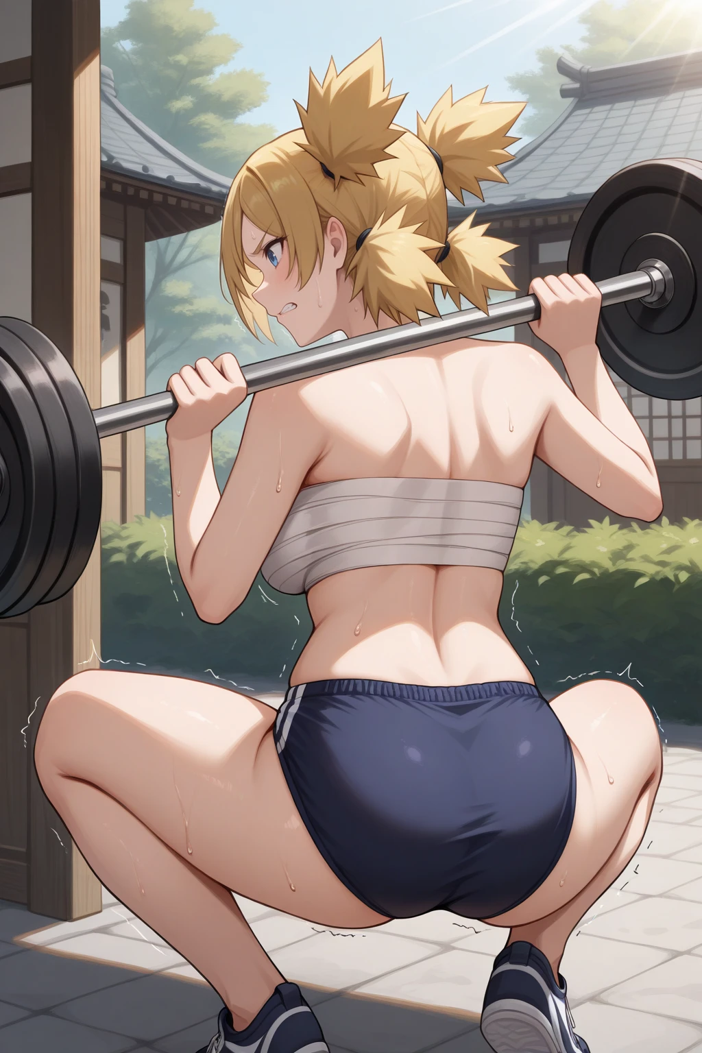 masterpiece, best quality, from behind, clenched teeth, 1girl, tmr, large breasts, blonde hair, blue eyes, quad tails, parted bangs, chest sarashi, buruma, squatting, weightlifting, sweat, trembling, outdoors, garden, east asian architecture, sunlight, <lora:Hoseki_Boruto_Temari_IllustriousXL_v1:1>