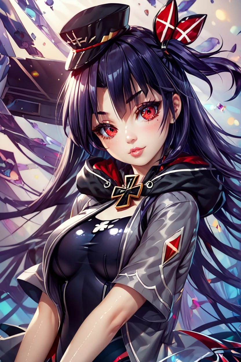 score_9, score_8_up, score_8, medium breasts, (curvy), cute, eyelashes,       ,,, , ,,, zzU73, red eyes, black hair, hair ornament, hair ribbon, long hair, one side up, hat, jacket, gloves, very long hair, swimsuit, short sleeves, fingerless gloves, iron cross, one-piece swimsuit, center opening, black thighhighs,  <lora:U73_Azurlane_PDXL:1.0>,  ,,,, BREAK,  (ultra realistic,32k, masterpiece:1.2),(high detailed skin:1.1),( high quality:1.1), head tilt, lips, closed mouth, shiny clothes, (upper body), looking at viewer, bokeh, luminescent background, ,,, embedding:zPDXL, Expressiveh, ,,, <lora:RlAnmPDXL:1.0>,