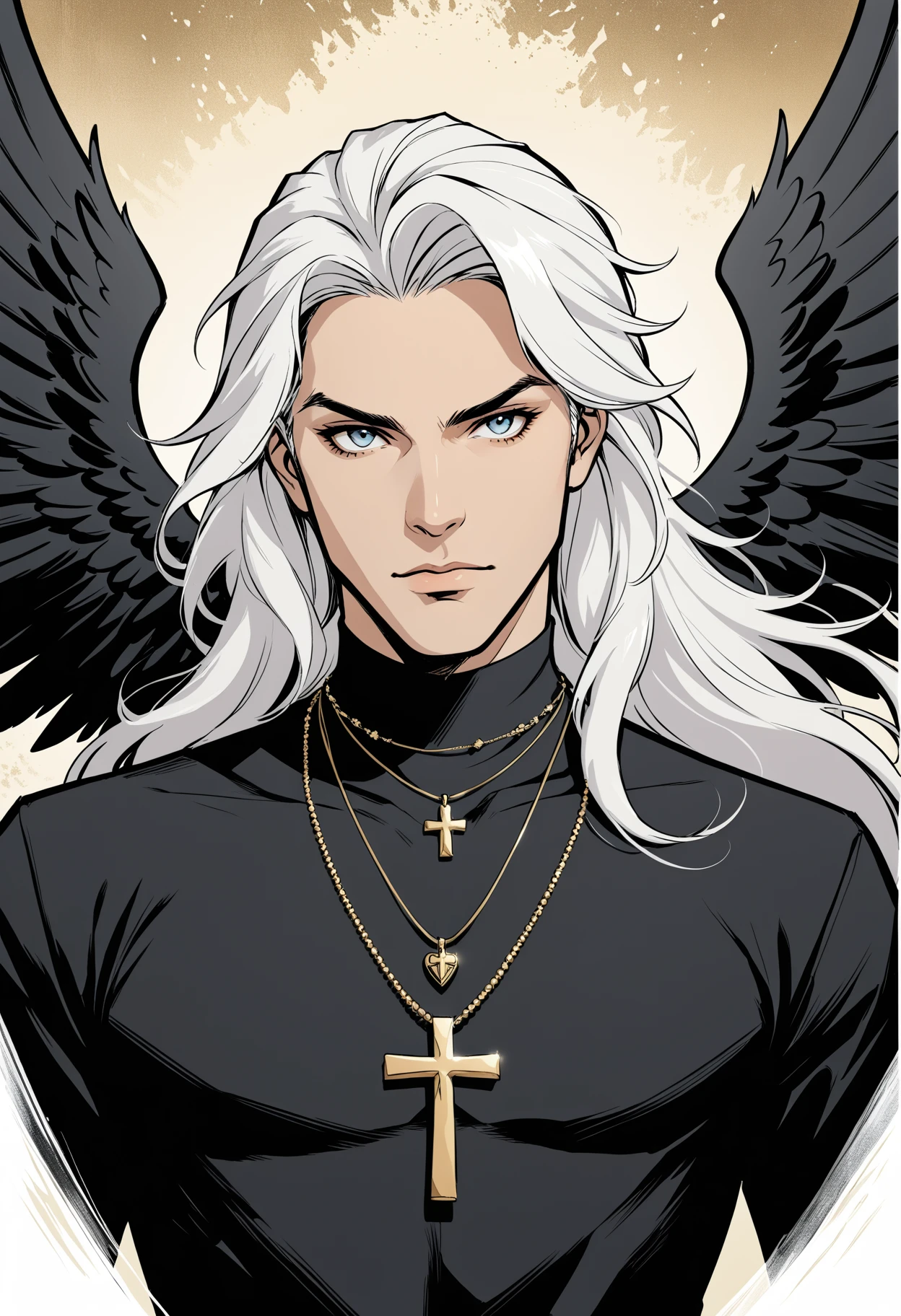 Hell4ineXLPOS solo, long hair, looking at viewer, 1boy, jewelry, closed mouth, upper body, white hair, male focus, wings, necklace, border, cross, black wings,âââ