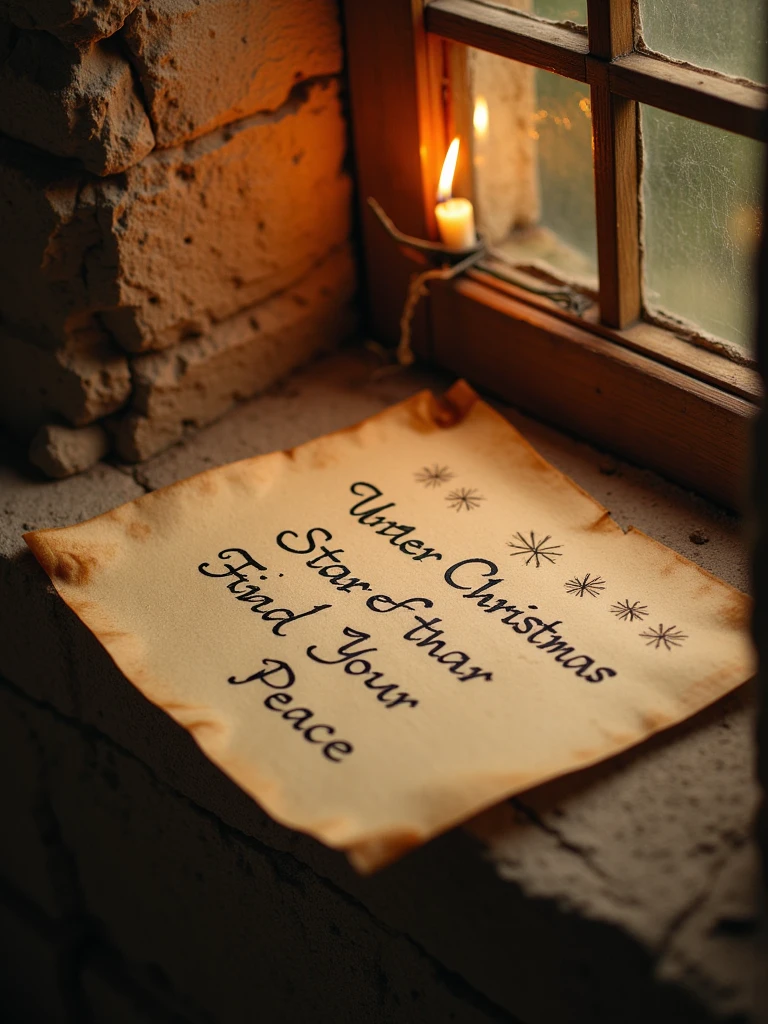 <lora:Medieval Text:0.8>  <lora:Medieval Art:1>Medieval Text text of  *"A piece of parchment lying on a stone windowsill illuminated by candlelight. The words 'Under the Christmas Star, Find Your Peace' are written neatly in dark ink, with simple, tiny stars doodled across the top."*