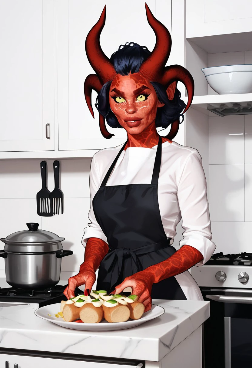 score_9, score_8_up, score_7_up Demon Lisa  cooking in a kitchen eyes on viewer