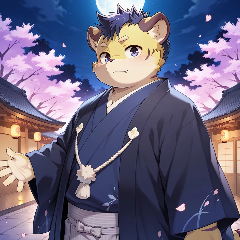 masterpiece, best quality, amazing quality, colorful, vibrant, very aesthetic, detailed background, <lora:kai-v1-10:1> tkai, 1boy, tiger boy, chubby, young, adult:1.2, kimono, looking at viewer, night, dark, moonlight, falling petals, cherry blossoms,