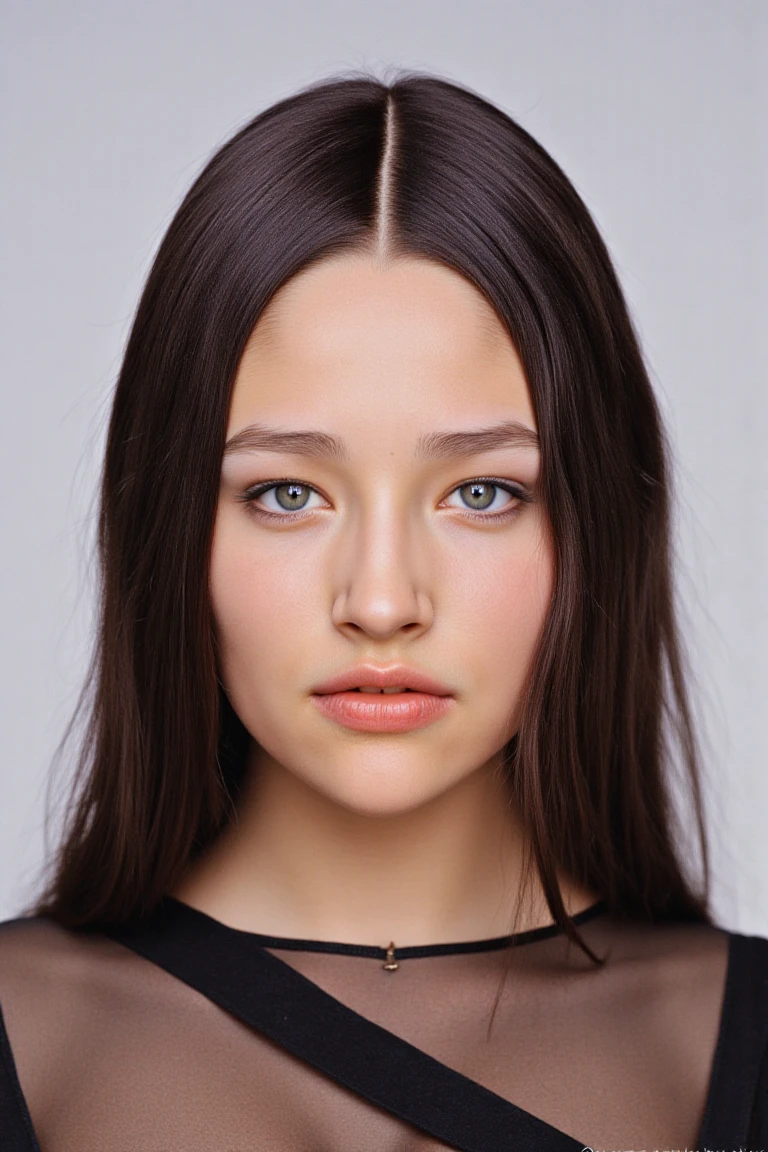 close up face portrait of oliviahflx, a brunette woman in martincstyle look, plain white studio backdrop, framed centered