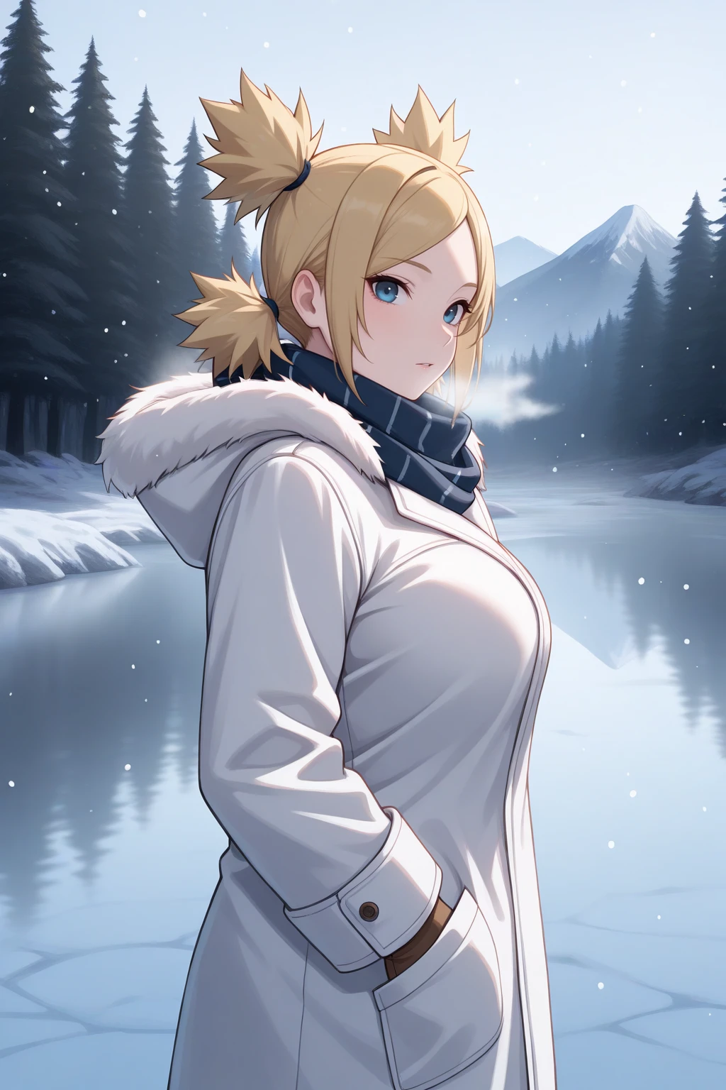 masterpiece, best quality, from side, looking to the side, looking at viewer, cold, 1girl, tmr, large breasts, blonde hair, blue eyes, quad tails, parted bangs, winter clothes, scarf, fur coat, gloves, hands in pocket, walking, outdoors, snowing, frozen lake, mountain, forest, fog, <lora:Hoseki_Boruto_Temari_IllustriousXL_v1:1>