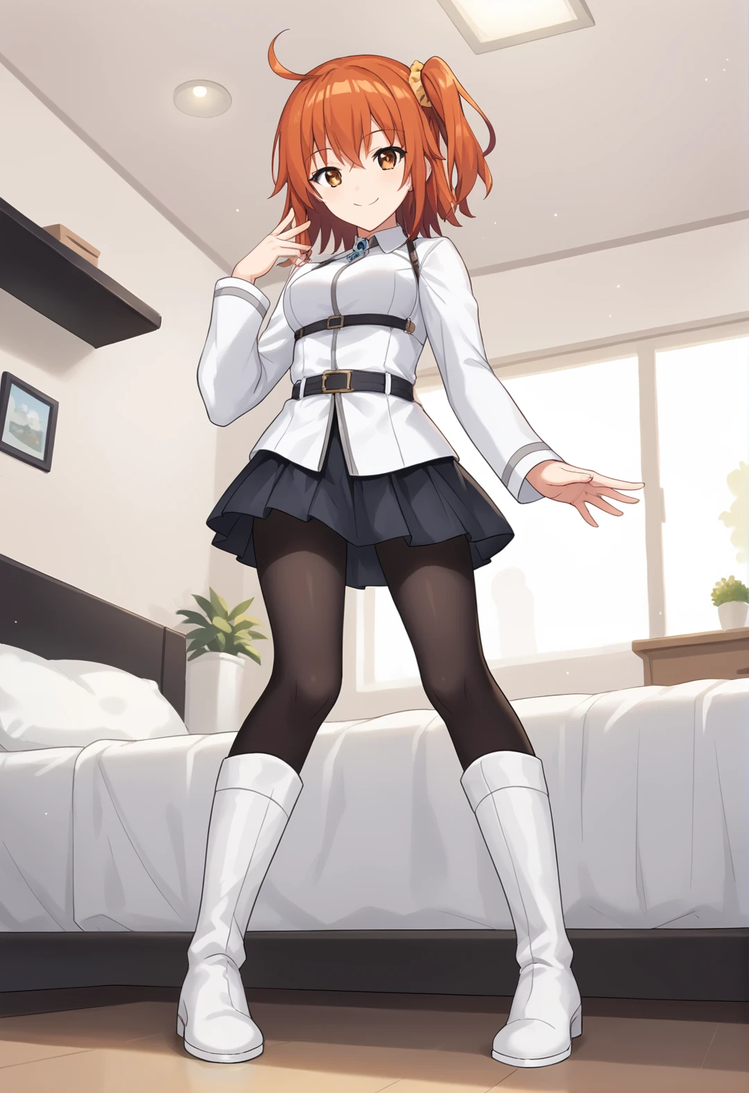 score_9, score_8_up, score_7_up, source_anime, masterpiece, best quality, highly detailed background, cinematic lighting, detailed eyes, detailed pupils, perfect face, fujimaru ritsuka, unique outfit, side ponytail, pantyhose, white boots, looking at viewer, standing, cute, smile, bedroom, bed, dresser, TV, low angle,
 <lora:Fujimaru Ritsuka (Female)_Pony:0.8>