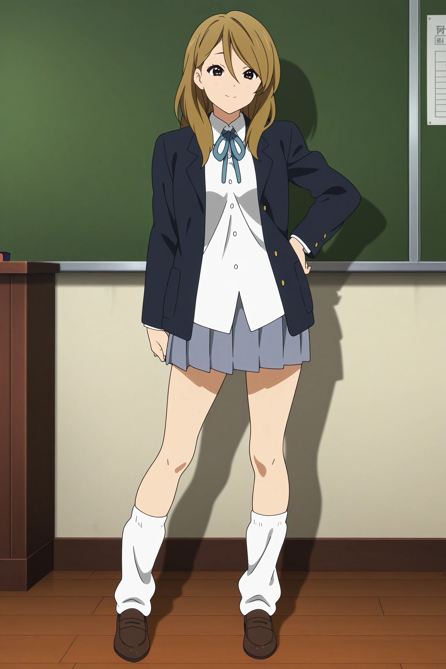 masterpiece, best quality, amazing quality, highres, absurdres, very aesthetic, high resolution, ultra detailed, perfect details, 1girl, solo, indoors, classroom, tachibana himeko, long hair, blonde hair, hair between eyes, swept bangs, black eyes, sakuragaoka high school uniform, school uniform, black jacket, white shirt, collared shirt, open jacket, untucked shirt, blue neck ribbon, grey skirt, pleated skirt, white socks, loose socks, loafers, <lora:Himeko_Tachibana_ILXL:0.8>, (aged up:1.6), (full body:1.4), smile, anime coloring, anime screencap, (pose:1.3), against wall