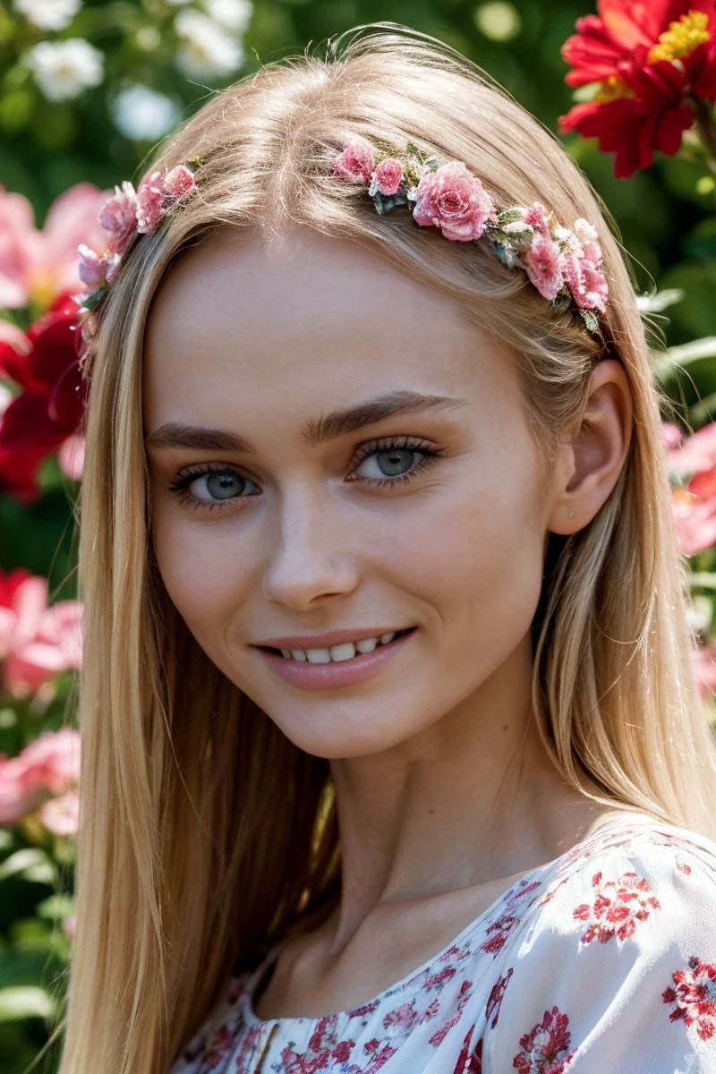 ultra detailed, sharp focus, best quality, masterpiece, colorful, 1 girl, silver hair, visible ears, (blush), pale skin, upper body shot, soft freckles, beautiful face, (cheek dimples), light make-up, large upper teeth, city background, Vilnius background, sunny summer day, vivid colors, POV, white frilly dress, floral wreath, best quality, masterpiece, intricate detail