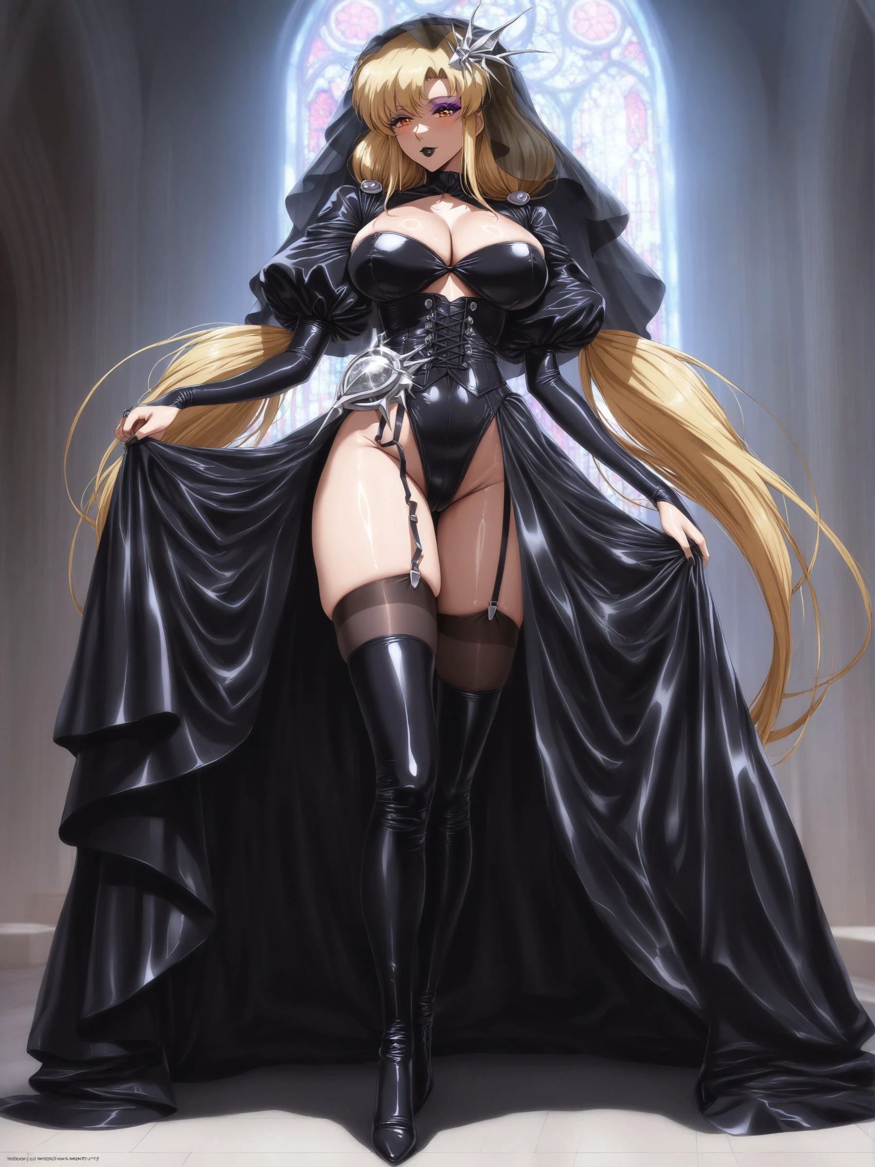 score_9,score_8_up,score_7_up, 90's anime, masterpiece, highres, shiny clothes, shiny skin, <lora:Illustrious_Glossy_Skin_V3:.8> <lora:LG2Lana_IL:1> church, solo, Lana, orange eyes, large breasts, extremely long hair, blonde hair, low twintails, hair ornament, silver ornament, black victorian gown, black veil, black corset, puffy sleeves, black bridal gauntlets, garter straps, black high-heeled thigh boots, black lipstick, purple eyeshadow, long eyelashes, full body