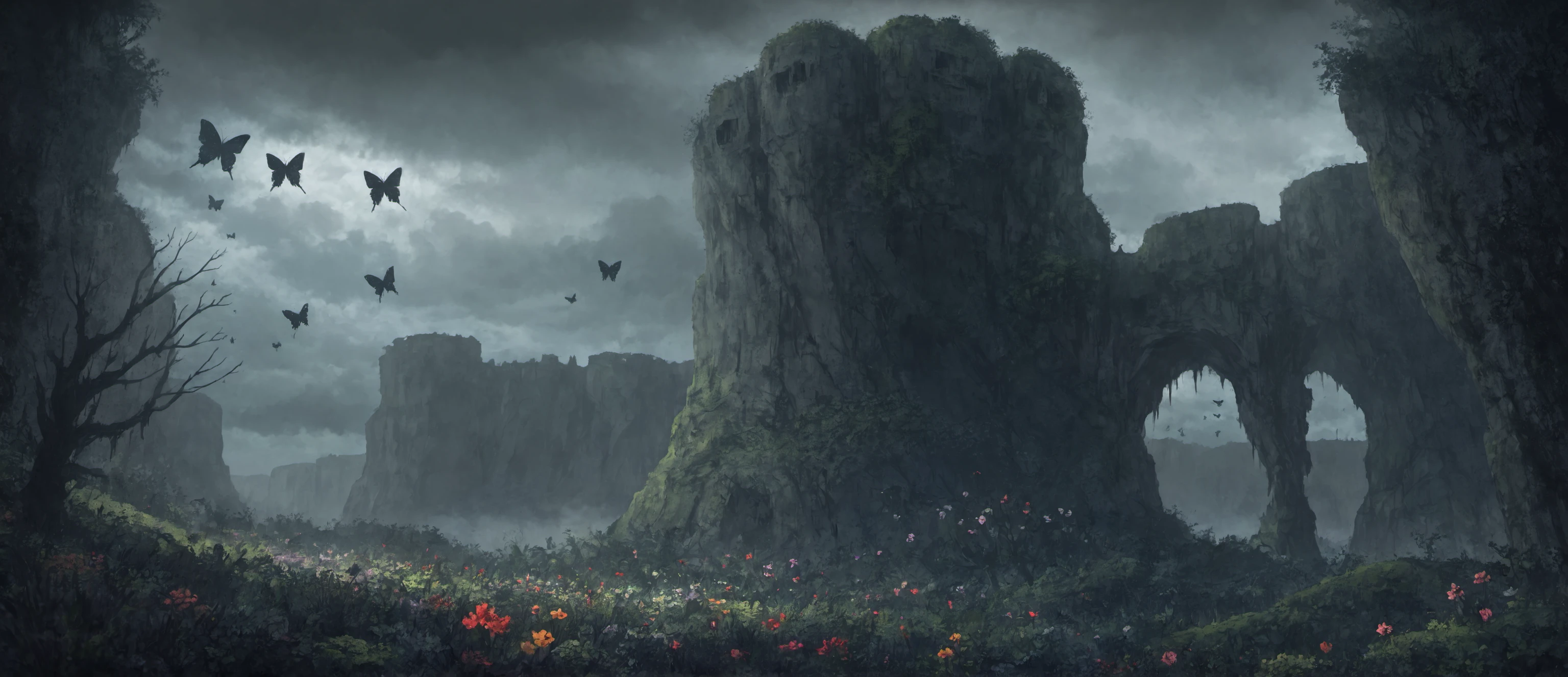 lush foliage, trees, bushes, rare flowers, butterflies, beautiful skies, moss cliffs, gloomy, grim, unsettling, horror, dark