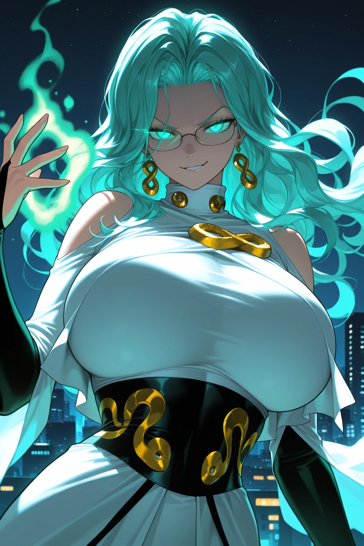 masterpiece, best quality, 1girl, solo, <lora:psykos-illu-nvwls-v1-000006:1> opmpsy, wavy hair, aqua hair, long hair, aqua eyes, huge breasts, earrings, glasses, turtleneck, white dress, shoulder cutout, bare shoulders, black underbust, gold brooch, black elbow gloves, bridal gauntlets, long dress, night sky, glowing eyes, hand up, green magic, telekinesis, cityscape, floating, upper body, smirk, looking at viewer, portrait